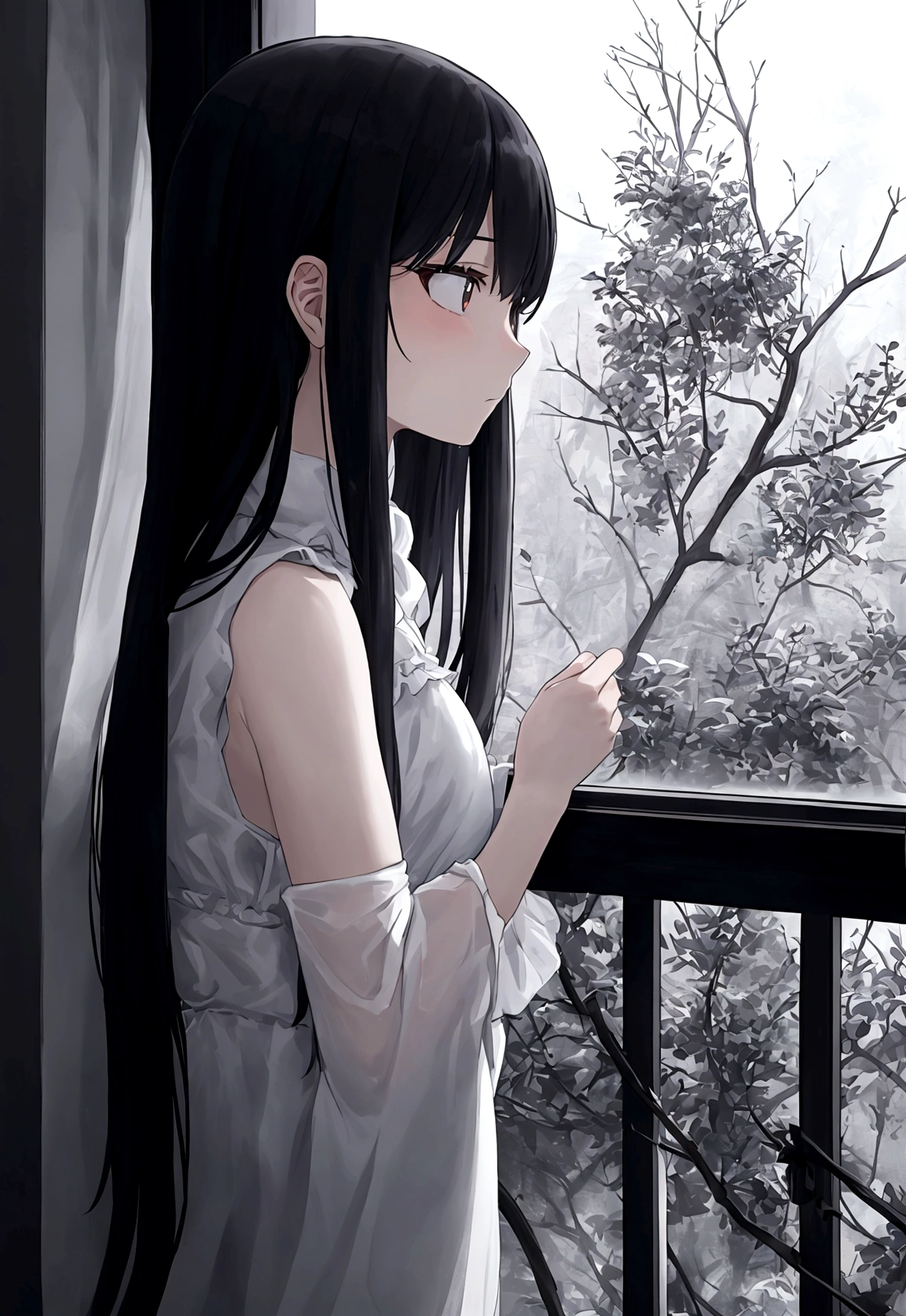 ((masterpiece), Absurd quality, 16k, detailed, (masterpiece:1.2), (pale_skin:1.2), (alone:1.2), (woman), thin, (Shine_eye), Long Hair, bangs, Black Hair, Outdoor, Sleeveless, Love Hotel、Innermost, In a dark corner not well lit by the flashing lights,The lighting is so dim that I can barely see anything. The girl in profile is breathing in the cold air from her breath. Cold raindrops fall on the foggy window、A dim light shines in from outside。, Brighten up the interior atmosphere..A girl with a calm and thoughtful expression
