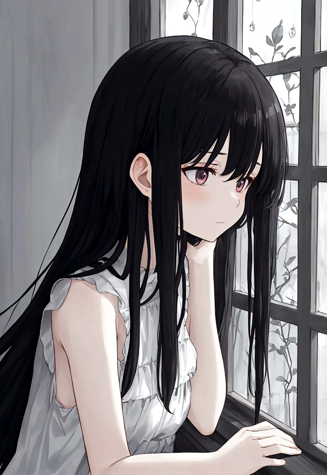 ((masterpiece), Absurd quality, 16k, detailed, (masterpiece:1.2), (pale_skin:1.2), (alone:1.2), (woman), thin, (Shine_eye), Long Hair, bangs, Black Hair, Outdoor, Sleeveless, Love Hotel、Innermost, In a dark corner not well lit by the flashing lights,The lighting is so dim that I can barely see anything. The girl in profile is breathing in the cold air from her breath. Cold raindrops fall on the foggy window、A dim light shines in from outside。, Brighten up the interior atmosphere..A girl with a calm and thoughtful expression