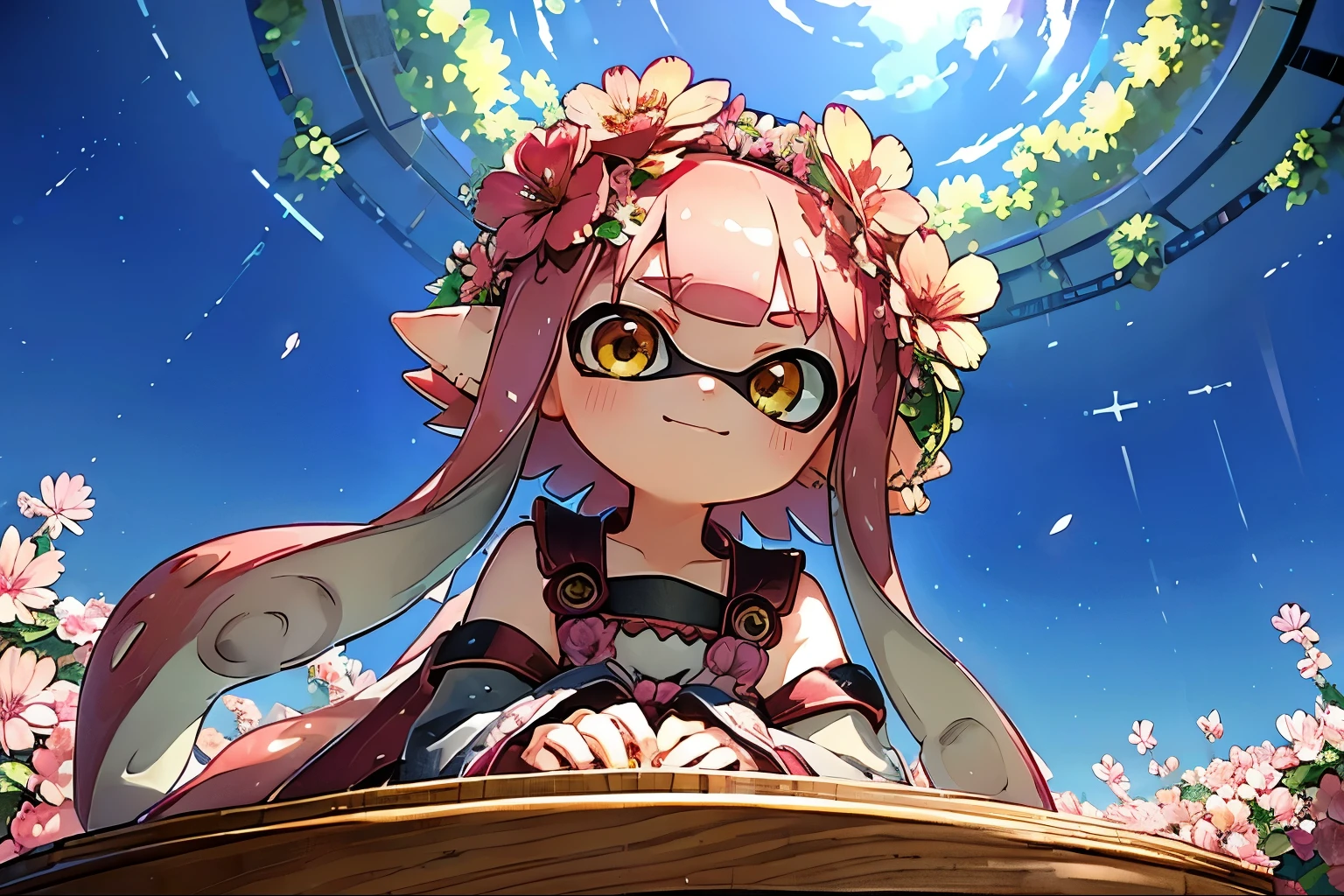 masterpiece、highest quality、High resolution、Real Anime、3D、background image、Flower Field、Flowers on one side、a lot of cherry blossom、SakuraFubuki、beautiful、beautiful、You can see far from the top of the hill、Ultra-wide angle、Splatoon Girl、20-year-old、Angle from below、(((full body)))、Golden Eyes、Pink tentacle hair、Metallic shiny tentacle hair、Flower Hair Ornaments、Flower crown、(looking up:1.2)、Looking at the cherry blossoms above、Open Mouth Smile、blush、The flowers are scattered far and wide、