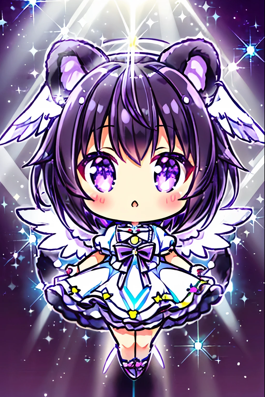 chibi, nendoroid, ((worst quality, low-quality)), ((black Bear-eared chemomimi girl)), (pure white dress), ((Short black hair with purple inner color:1.3)), plump shiny lips, Beautiful clear purple eyes, Spoken Heart, Leaning forward, ((big angel wings)), and an angel ring that emits neon light, (stained glass background), ((Shining sunlight:1.4)), (light Particle, light glow, llight rays:1.4), masutepiece,Best Quality,ultra-detailliert,