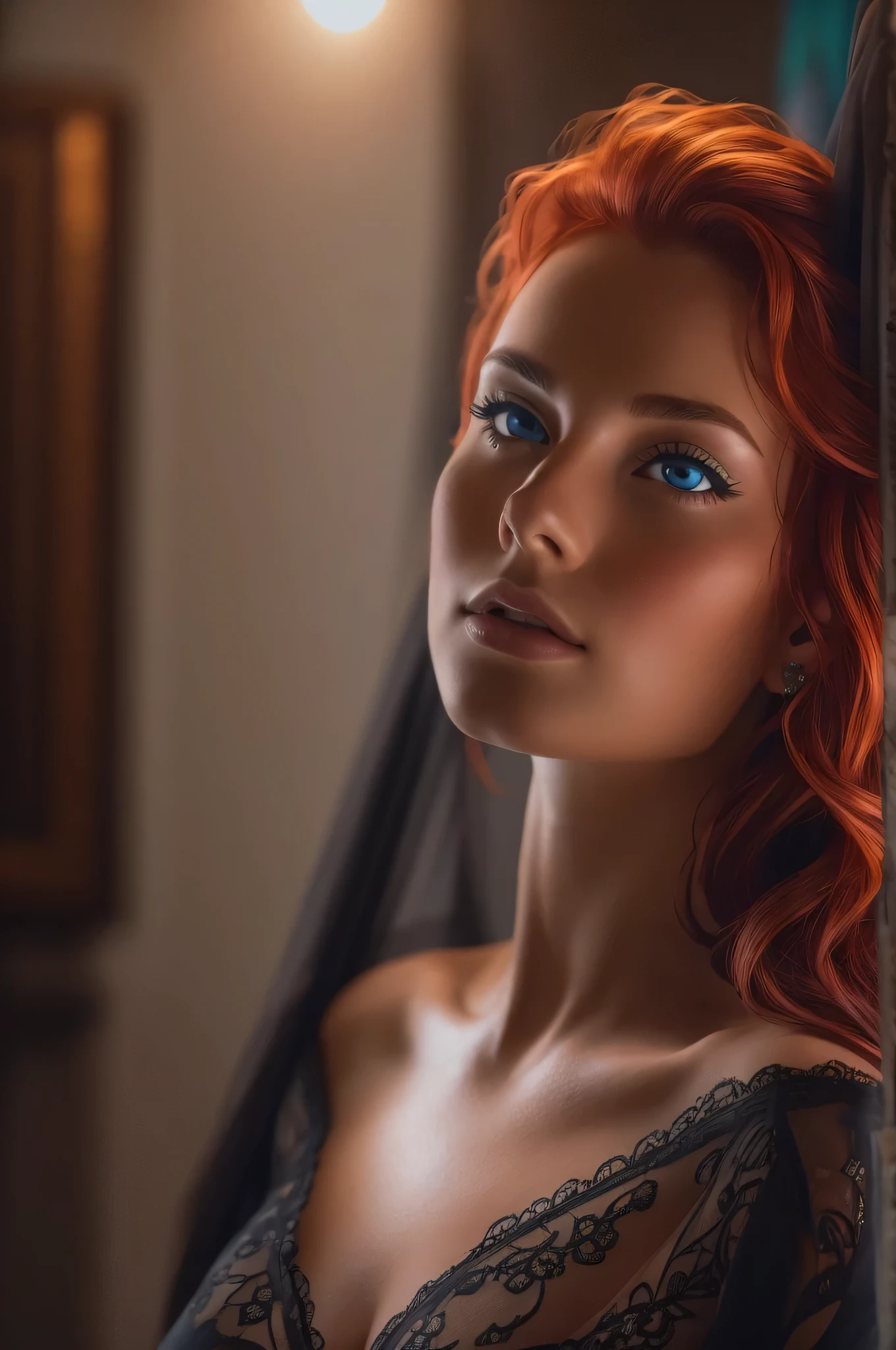 perfect body, beautiful red-haired, blue - eyed young woman, with big breasts, in loose open bath clothing looking away from the camera.
with perfect lighting and composition. Dynamic pose. low key lighting from behind. sexy, alluring, seductive.
captured by a professional photographer using a high-end camera for photorealistic quality and intricate details, highly detailed hair + cinematic shot, glamour photography, Canon EOS 5D Mark IV DSLR camera, EF 50mm f/ 1. 8 STM lens. post processed. Saturation high. background blurred