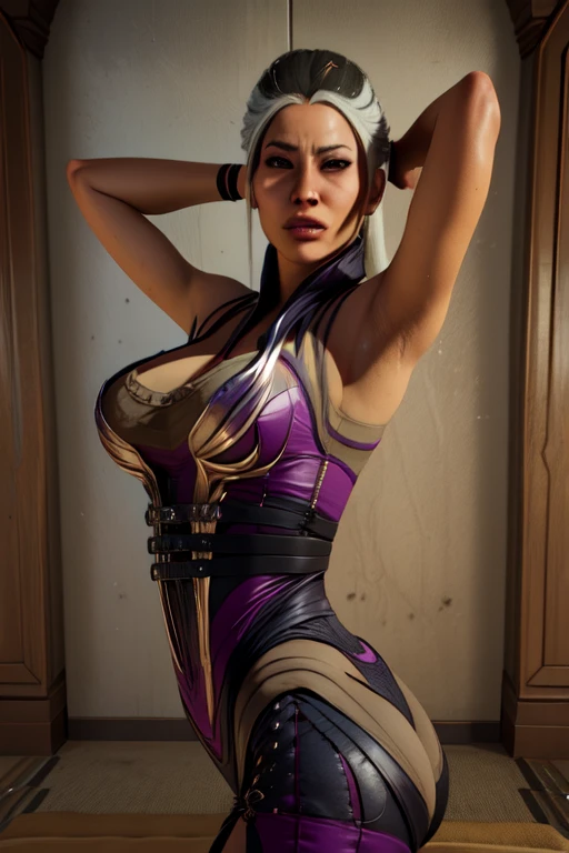 Sindel, from Mortal Kombat 2023, sits in a modern room with minimalist decor, next to a contemporary abstract painting. Her silver hair is tied tightly in a ponytail, contrasting sharply with her tight outfit. The photograph, a 3D representation influenced by the latest trends in CG society, features bold geometric shapes and vibrant colors. The atmosphere is elegant, with a touch of mystery in the air. Sindel's accentuated curvy ass steals the spotlight, drawing the viewer's gaze with its subtle allure. 3\4 realistic view captures your elegance and sophistication, adding a touch of glamor to the scene, (incredibly detailed face, beautiful and detailed art, best quality),looking at camera,spread arms,arms behind head,armpits sweat,face lean to armpits,smell armpits