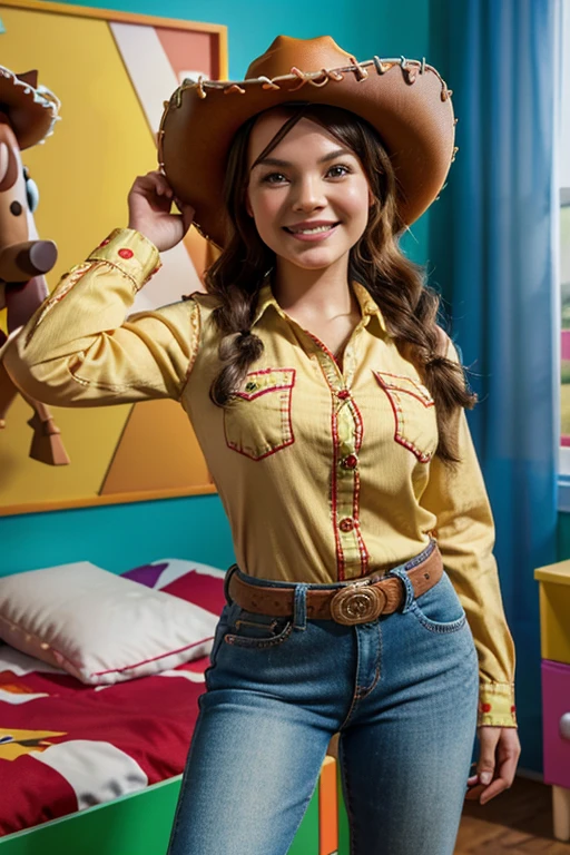 A detailed 3D rendering of Jessie from "Toy Story," captured in a playful pose, showcasing her red cowboy hat, the details of her short jean outfit and a friendly, playful smile, against a colorful, vibrant background reminiscent of a child's room full of toys. . The high resolution and vibrant colors bring this iconic character to life.