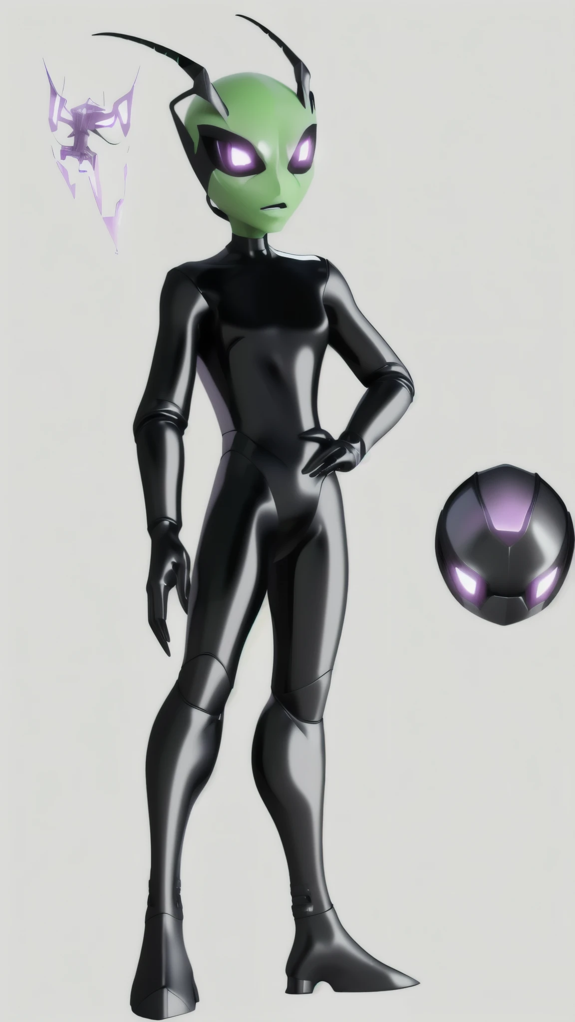 a close up of an Irken from Invader Zim, humanoid form, glossy black latex suit, Invader Zim artstyle, highly detailed, intricate details, dramatic lighting, cinematic composition, striking pose, intense expression, hyper realistic, 8k, photo realistic, professional 3d render