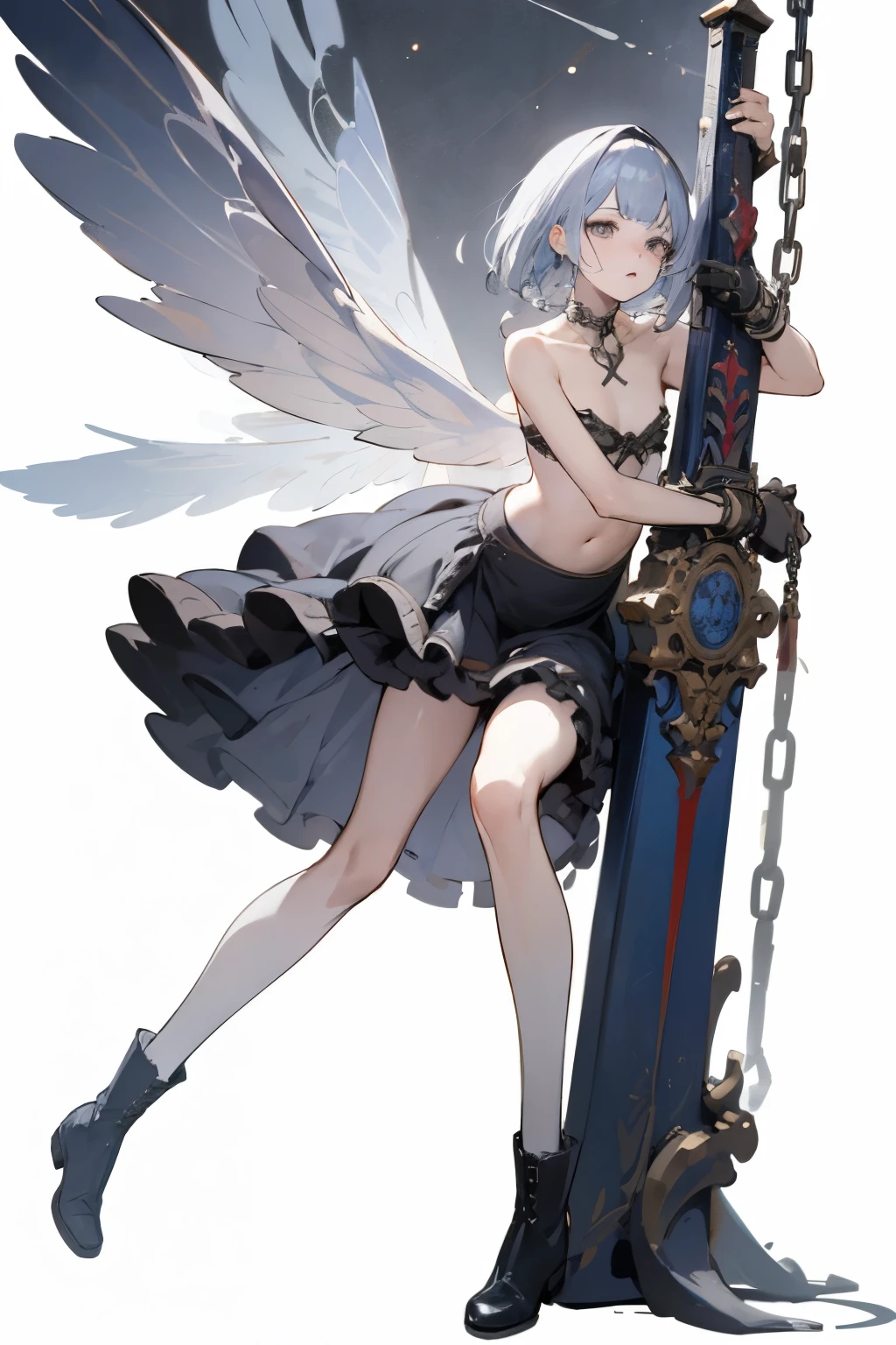 ((best quality)), ((masterpiece)), (detailed), 1girl, Character design, female, dynamic poses, long white grey hair, grey white eyes, very skinny, detailed, best quality, no accesoires around the neck, no shoes, prominent collarbones, skinny arms, flat stomach, visible hip bones, full body, blank white background, plain background, white background, red and white clothing, Bloodborne inspired, occult aesthetic, occult, detailed and intricate steampunk and detailed gothic, NSFW, Very dramatic and cinematic lighting, cosmic horror, grim-dark, side-lighting, perfect face, NSFW, Fluttering lace flared long knee length dress with frilly petticoats, knee length dress, pleated petticoats, petticoats gothic, complex lace boots, side-lighting, gothic aesthetic, wielding a mighty sword with mechanical components, mandalas, a fairy, various different types of insect wings, NSFW, full body, whole body, body, plain background, white background, blank background, no background, white background NSFW, chains, full body, whole body, head-to-toe NSFW
