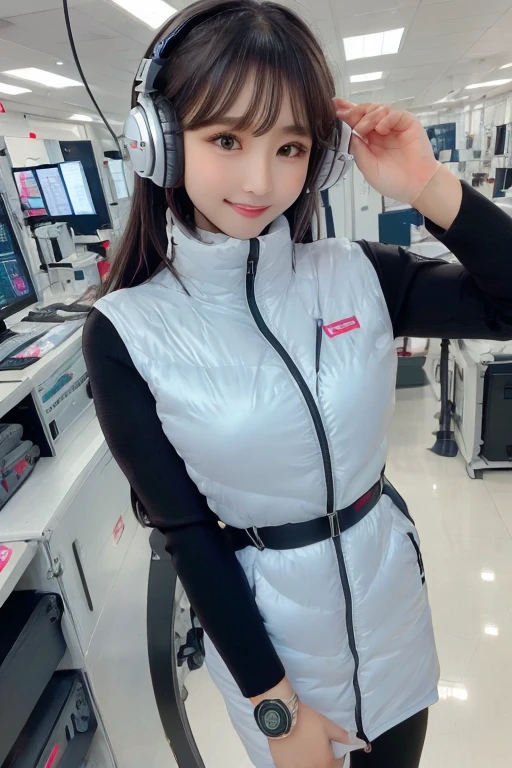 masterpiece, highest quality, Very detailed, 8K Portrait,Japanese Android Girl,plump , Control panel,Robotic arms and legs, Blunt bangs,,break (Metallic Gray, Metallic luster, Mirror finish, Astro Best):5,headphone:5,break (Black sleeves):100,Smart Watches,Futuristic space station,Control Room,break headphone,blue eyes,(Black Hair):2,(Long Hair):1.3,Displaying the viewer,(respirator),break blush:3,Hidden Hand,smile