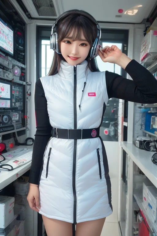 masterpiece, highest quality, Very detailed, 8K Portrait,Japanese Android Girl,plump , Control panel,Robotic arms and legs, Blunt bangs,,break (Metallic Gray, Metallic luster, Mirror finish, Astro Best):5,headphone:5,break (Black sleeves):100,Smart Watches,Futuristic space station,Control Room,break headphone,blue eyes,(Black Hair):2,(Long Hair):1.3,Displaying the viewer,(respirator),break blush:3,Hidden Hand,smile