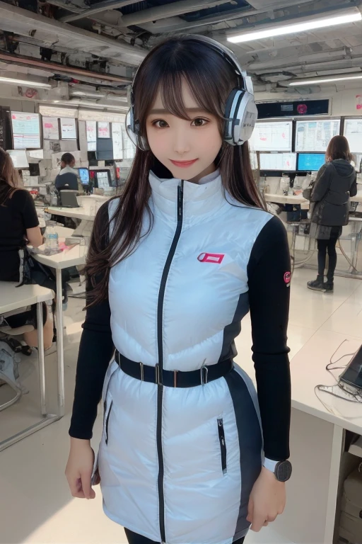 masterpiece, highest quality, Very detailed, 8K Portrait,Japanese Android Girl,plump , Control panel,Robotic arms and legs, Blunt bangs,,break (Metallic Gray, Metallic luster, Mirror finish, Astro Best):5,headphone:5,break (Black sleeves):100,Smart Watches,Futuristic space station,Control Room,break headphone,blue eyes,(Black Hair):2,(Long Hair):1.3,Displaying the viewer,(respirator),break blush:3,Hidden Hand,smile