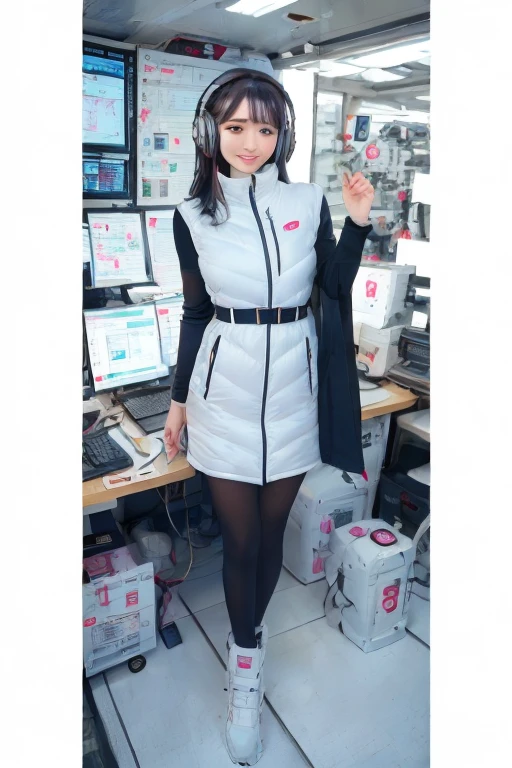 masterpiece, highest quality, Very detailed, 8K Portrait,Japanese Android Girl,plump , Control panel,Robotic arms and legs, Blunt bangs,,break (Metallic Gray, Metallic luster, Mirror finish, Astro Best):5,headphone:5,break (Black sleeves):100,Smart Watches,Futuristic space station,Control Room,break headphone,blue eyes,(Black Hair):2,(Long Hair):1.3,Displaying the viewer,(respirator),break blush:3,Hidden Hand,smile