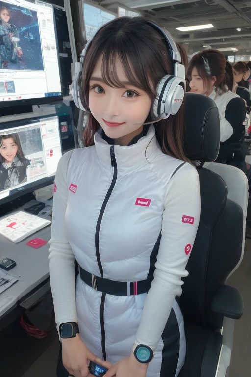 masterpiece, highest quality, Very detailed, 8K Portrait,Japanese Android Girl,plump , Control panel,Robotic arms and legs, Blunt bangs,,break (Metallic Gray, Metallic luster, Mirror finish, Astro Best):5,headphone:5,break (Black sleeves):100,Smart Watches,Futuristic space station,Control Room,break headphone,blue eyes,(Black Hair):2,(Long Hair):1.3,Displaying the viewer,(respirator),break blush:3,Hidden Hand,smile