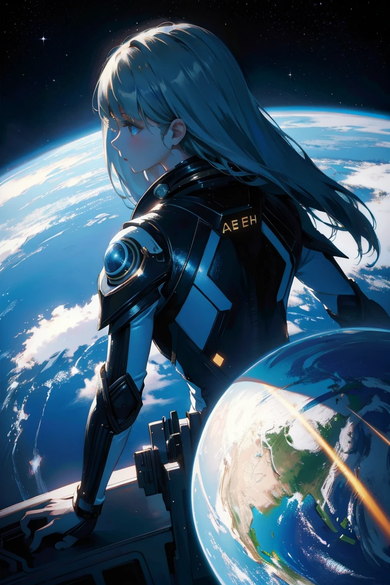 Genetically engineered perfect girl. Big eyes, ultra-technological suit (vaultsuit), located in a old worn space station orbiting the earth after it ad been made inhabitable by nuclear war. Girl is 16 year old immortal human genetically engineered to not age. She is , she has perfect genetically enhanced beauty. She is looking out the space station window at an uninhabitable planet earth (highly detailed scene of planet Earth out the window, in low orbit, similar to views of current orbiting space stations, but the Earth has craters and looks dirty). She has a wing insignia on her outfit. Cyberpunk theme, professionally color graded, professional photography, well drawn, masterpiece, hyper realistic, ultra detailed, high quality, best quality, 4k, 8k, hi resolution