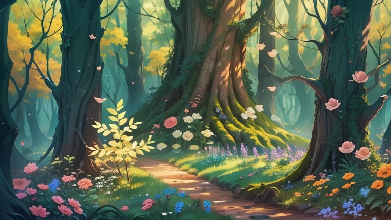 A beautiful forest, illuminated, green, flowery, magical, beautiful trees, children's book illustration style, anime art.