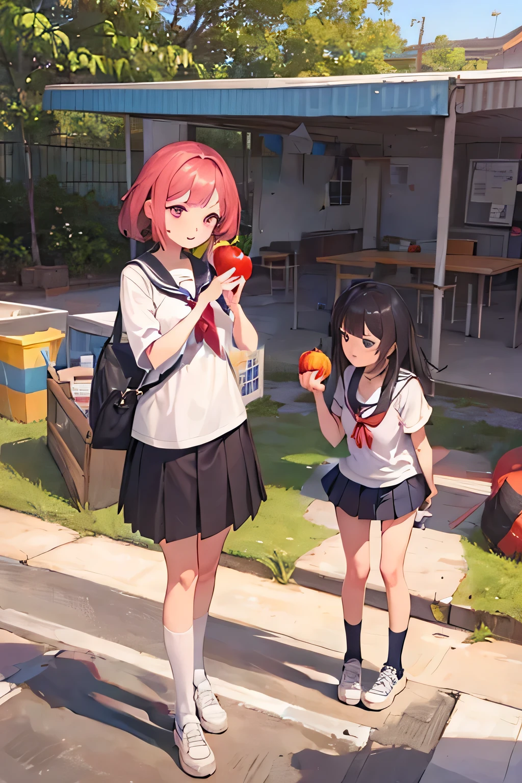 Uma  branca, com cabelo claro, com roupas escolares, eating an apple on the school playground.