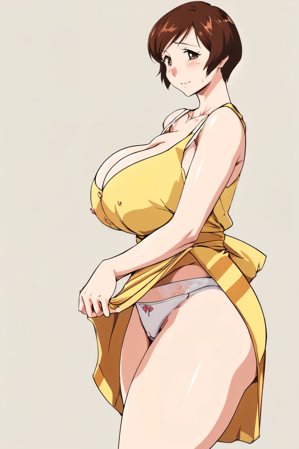 masterpiece, highest quality, High resolution, One girl, alone, sexual intercourse, Pornographic images, short hair, etsukoto, Brown eyes, fine grain, fine grain, (((Thick thighs, Plump thighs, Voluptuous thighs, Thighs alone are enough))), Huge and ample breasts, Cleavage, Huge long breasts, Naughty big,((Big breasts are important))、((Naughty thighs)), L Cup, (thin:1.4),(Tight waist:1.4), (Yellow Dress:1.4), ((white waist apron)), White panties, Embarrassed look, (((Simple Background))), ((Wide Hips)), Shiny, Oily skin, Mature mother, Calf, Seductive mature woman, Perfect body, Plus Size Model, etsukoto, blush, clavicle, retro artstyle, 1990s (style), ((((Showing panties)))), ((bare legs)), (((open dress, apron lift up))), from side, ((((nsfw)))),