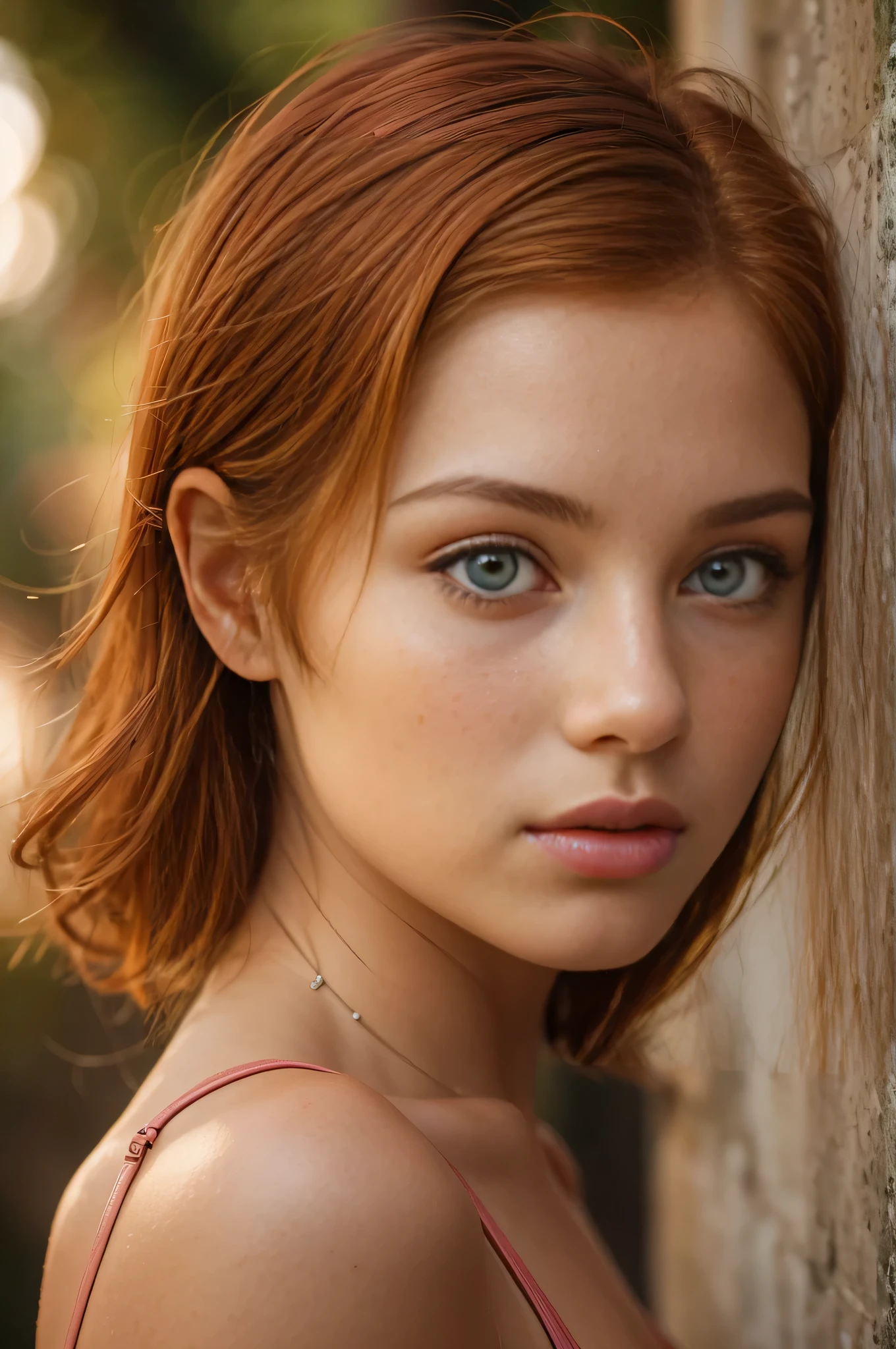 closeup portrait photo of beautiful woman, no makeup, 8k uhd, high quality, 25 years old exquisite Italian girl with fiery red hair, piercing blue eyes, and delicate Mediterranean features , fit, slim, , best quality, highly detailed, intricate details, happy, Textured surfaces