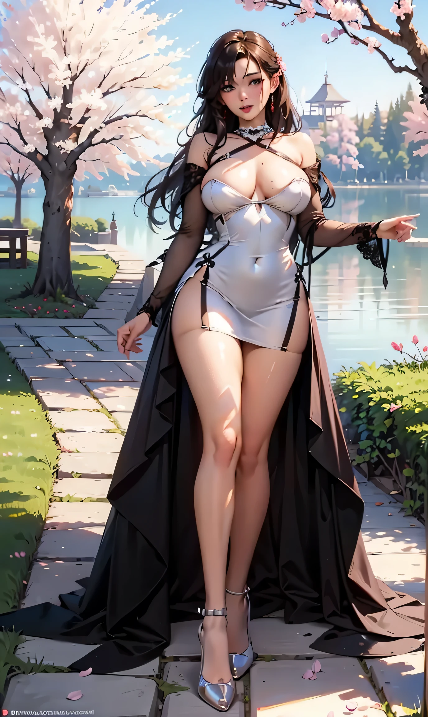 (Masterpiece:1.3), (sexy dress:1.8) (highheels:1.2), masterpiece, best quality, (perfect body), fullbody, 1girl, choker, under the cherry blossom tree, big , thigh, (detail face:1.5), looking at viewer, beautiful photo, cowboy shot