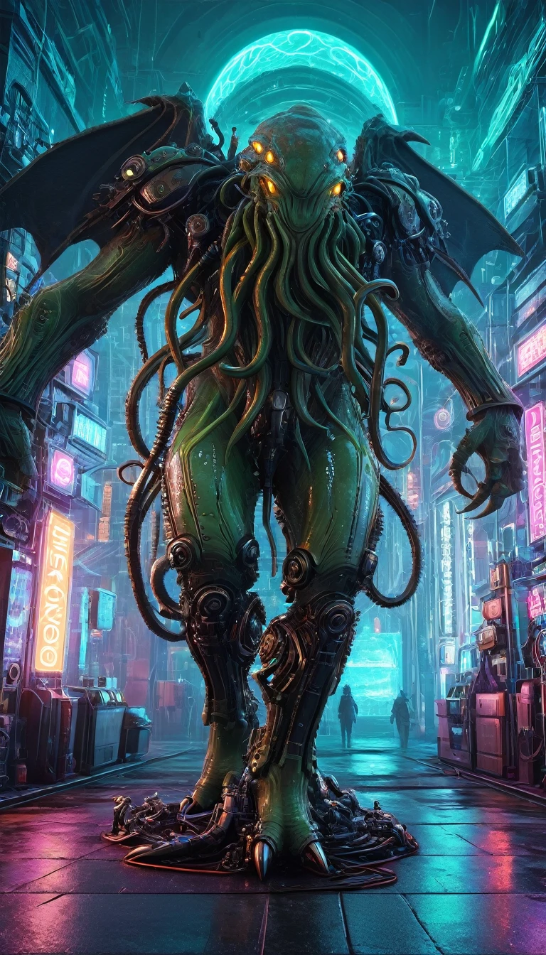 Cthulhu creature in futuristic cyberpunk world, chrome mechanical design, intricate gears and machinery, glowing neon lights, dystopian city landscape, cinematic dramatic lighting, photorealistic, 8k, hyper detailed, masterpiece