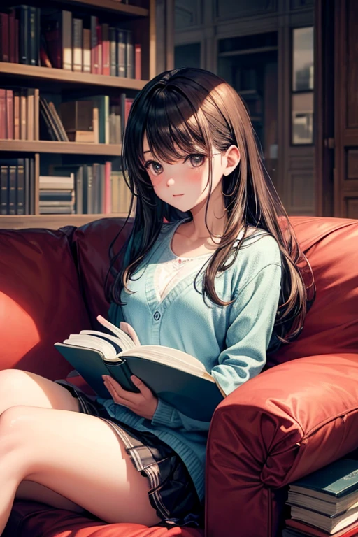 Haz a una chica sentada en un sofa leyendo un libro