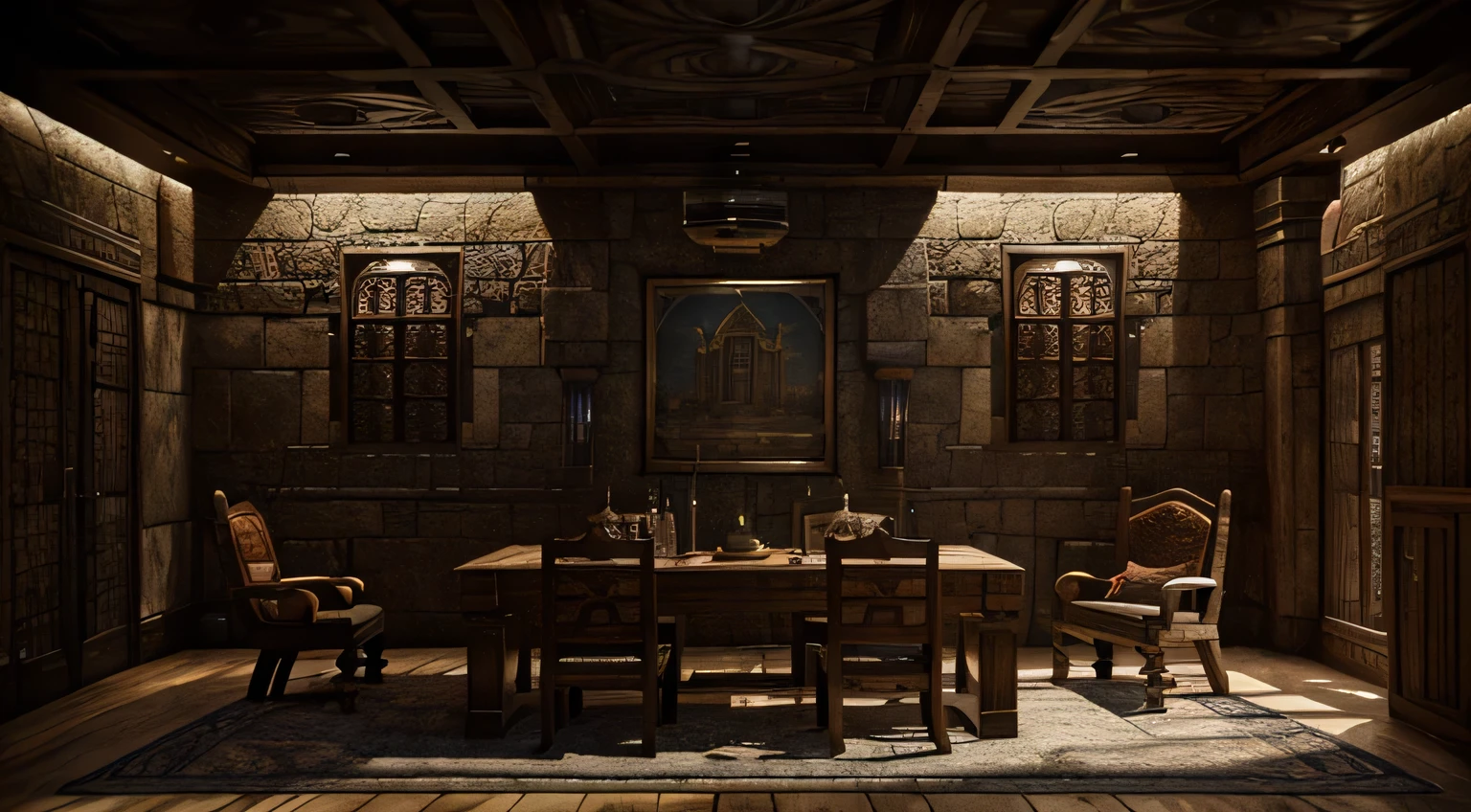 scenario, fighting game background, fantasy scenario, Indian architecture, soul calibur 5 inspired background, medieval fighting game background, masterpiece, arabic stile, concept art, semi 3d, (((background))), medieval place, inspired by skyrim, inside tavern, cozy ambience, guardian room, 2d figting game scenario, furniture, interior