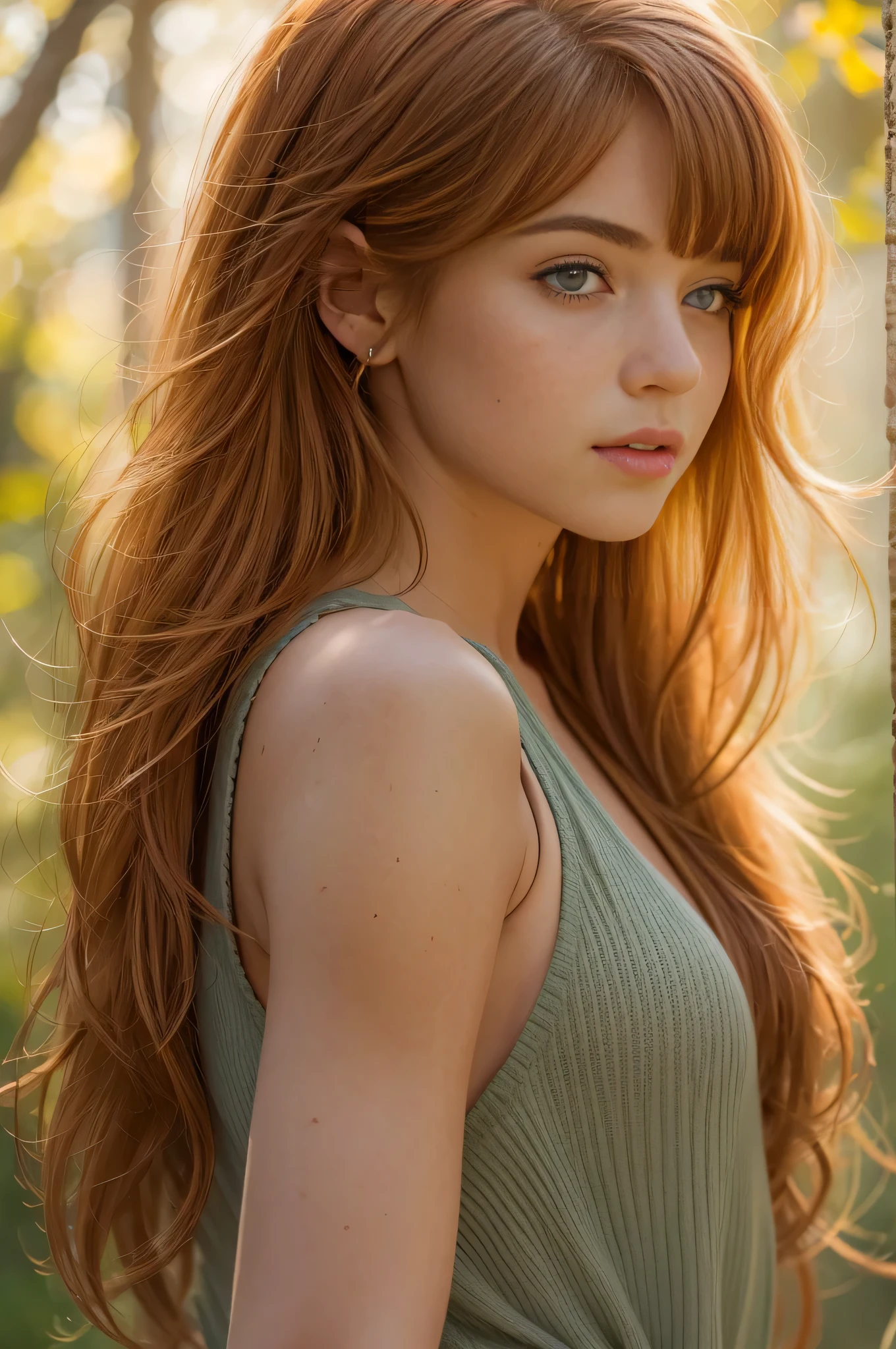 Masterpiece, a young 16 years old girl, redhead, cinematic, The portrait showcases a young redhead girl with a shy and innocent demeanor, blueish eyes, sensual slim face, subtle freckles, big lips, small perky breasts, small ass, small slim body, she is wearing a tight mini low cut shorts and a mini tank top, navel, Her hair is styled sleek and straight, elegantly framing her face with adorable long hair .Her face is illuminated by gentle lighting, highlighting her delicate features. The girl's eyes sparkle with a hint of curiosity and her lips form a subtle, shy smile. The background consists of a ourtoor nature autum scenery muted and warm-toned setting, providing a calm and serene atmosphere. The composition focuses on the girl's face, capturing the intricate details of her flawless white skin, The overall image exudes a sense of tranquility and captures the innocence and gentleness of youth, glasses, cleavage,