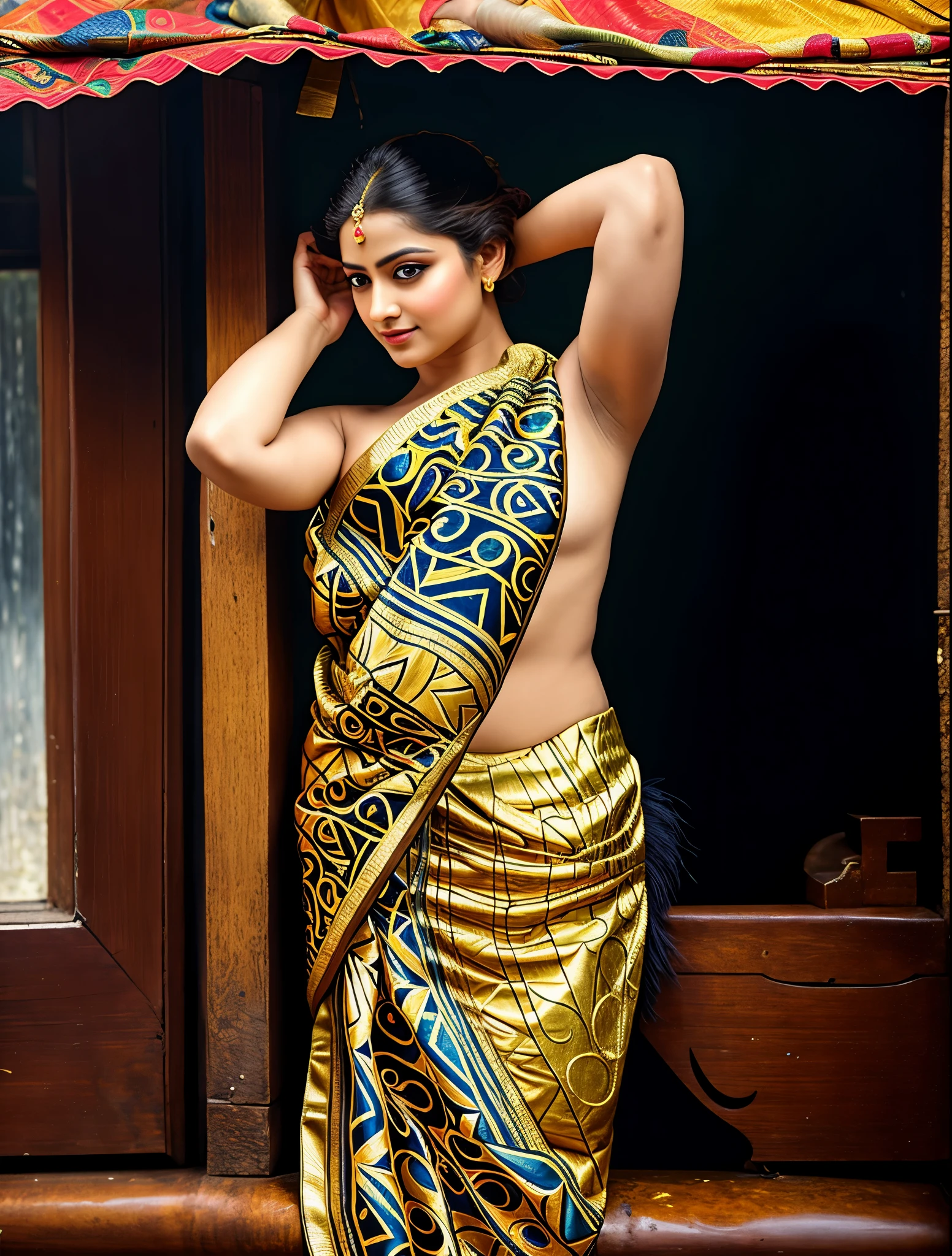 Looks like Jannat Zubair, Beautiful Indian Woman, wearing saree, sari Beauty, gorgeous, Apsara, Maharani, royal queen woman, nymph from Hindu Mythology, Urvashi, matchless beauty, Highly detailed, Oil Painting by Peter Paul Rubens inspired by Raja Ravi Varma, Matchless beauty, captivating, gorgeous, heavenly beauty, celestial beauty, by Peter Paul Rubens, 13, realistic, hyper realistic, micro details, incredible artwork, insane details, ultra High resolution, 8k, 32k, acrylic on canvas, intricate, flawless, detailed, detailed face, detailed eyes, masterpiece, by Peter Paul Rubens, by Caravaggio, by William Adolphe bouguereau, perfect face, perfect body, beautiful art, realism, baroque, renaissance Art, highly textured, beautiful and detailed eyes, uhd, best quality,