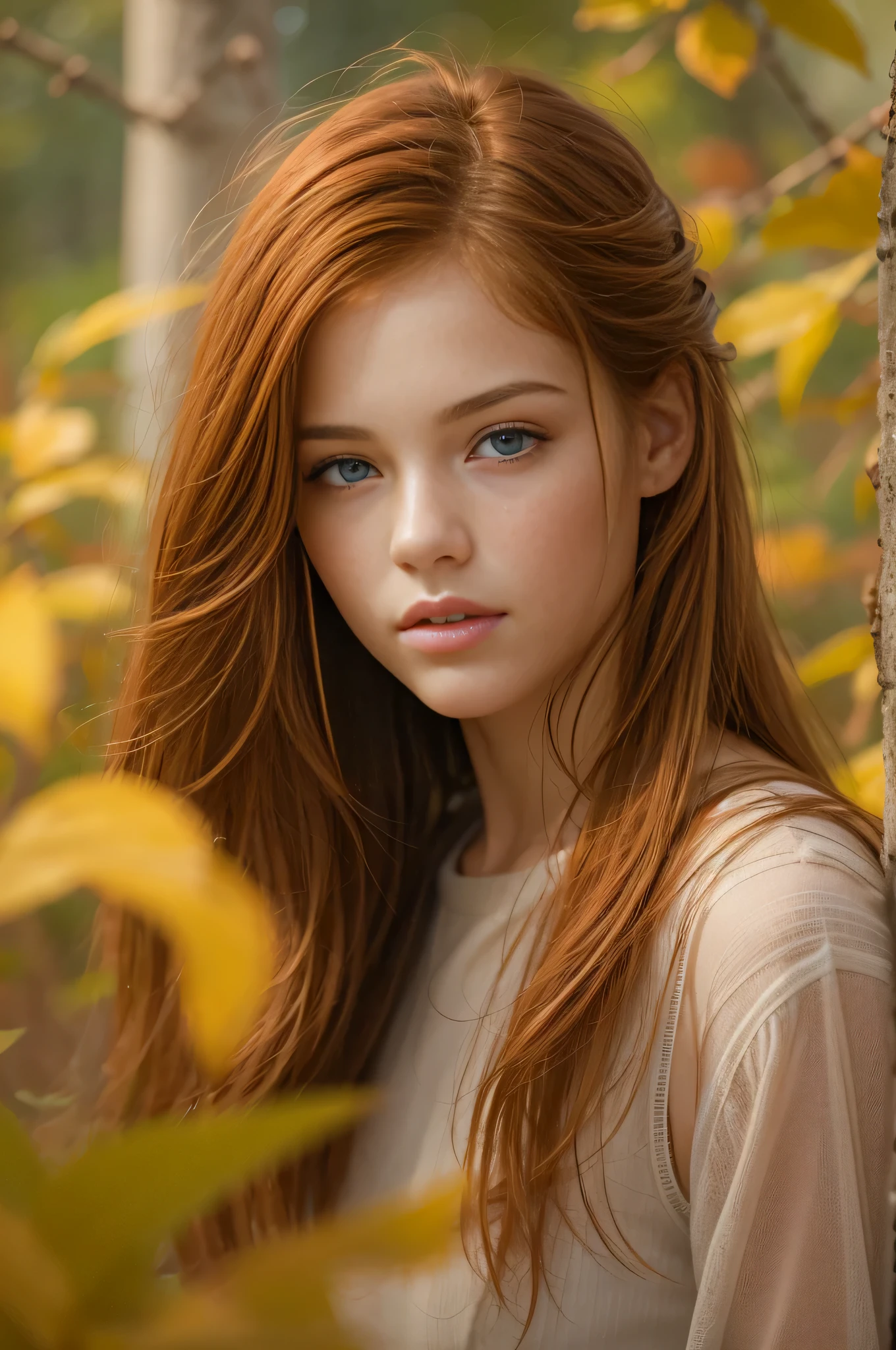 Masterpiece, a young girl, redhead, cinematic, The portrait showcases a young redhead girl with a shy and innocent demeanor, blueish eyes, sensual slim face, subtle freckles, big lips, small perky breasts, small ass, small slim body, she is wearing a tight mini low cut shorts and a mini tank top, navel, Her hair is styled sleek and straight, elegantly framing her face with adorable long hair .Her face is illuminated by gentle lighting, highlighting her delicate features. The girl's eyes sparkle with a hint of curiosity and her lips form a subtle, shy smile. The background consists of a ourtoor nature autum scenery muted and warm-toned setting, providing a calm and serene atmosphere. The composition focuses on the girl's face, capturing the intricate details of her flawless white skin, The overall image exudes a sense of tranquility and captures the innocence and gentleness of youth