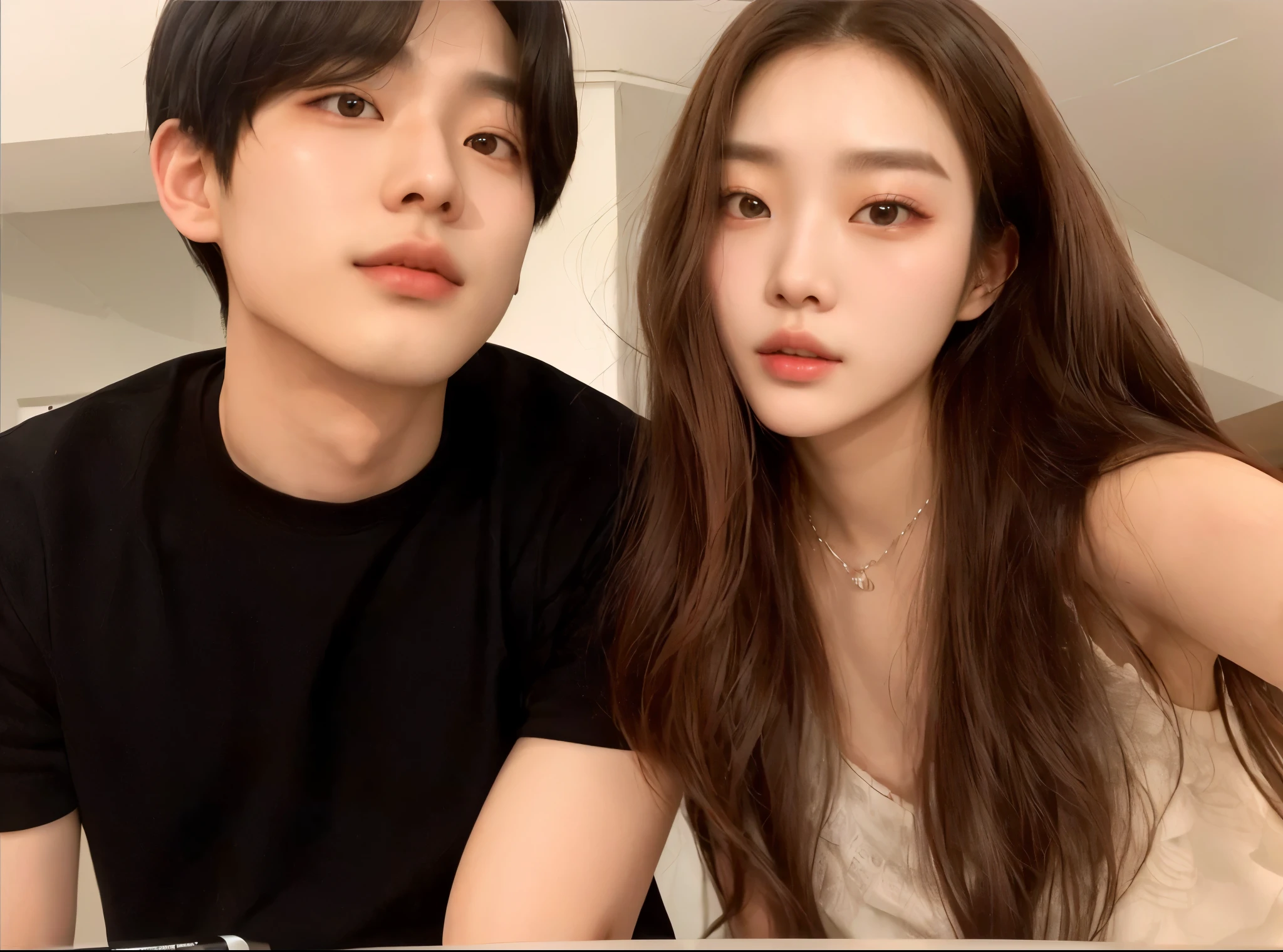 araffes and a woman sitting at a table with a remote, jinyoung shin, & jeehyung lee & wlop, ulzzang, lovely couple, handsome face and beautiful face, with ivy, kim doyoung, taejune kim, kim jung giu, jaeyeon nam, leaked image, with black, ruan jia and brom