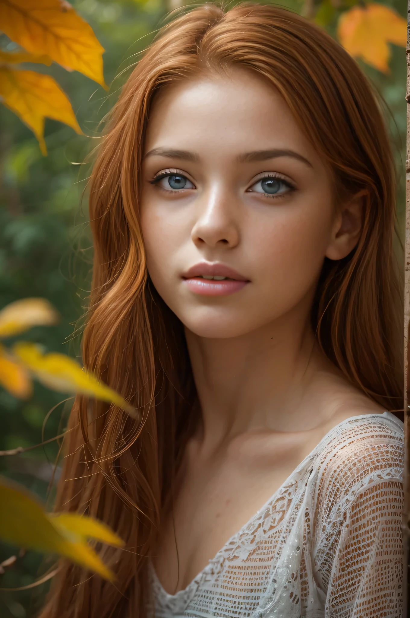 Masterpiece, a young 17 years old girl, redhead, cinematic, The portrait showcases a young redhead girl with a shy and innocent demeanor, blueish eyes, sensual slim face, subtle freckles, big lips, small perky breasts, small ass, small slim body, she is wearing a tight mini low cut shorts and a mini tank top, navel, Her hair is styled sleek and straight, elegantly framing her face with adorable long hair .Her face is illuminated by gentle lighting, highlighting her delicate features. The girl's eyes sparkle with a hint of curiosity and her lips form a subtle, shy smile. The background consists of a ourtoor nature autum scenery muted and warm-toned setting, providing a calm and serene atmosphere. The composition focuses on the girl's face, capturing the intricate details of her flawless white skin, The overall image exudes a sense of tranquility and captures the innocence and gentleness of youth