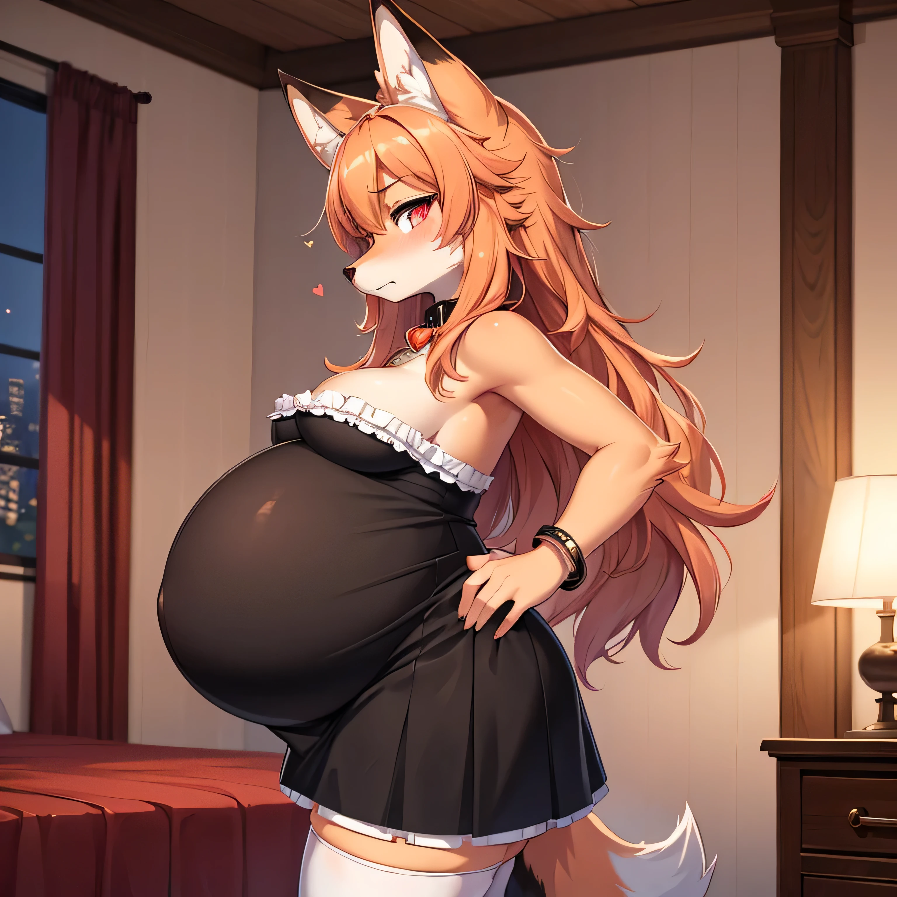 1girl,best quality,best resolution,(fluffy anthro furry :1.6),fox girl, orange hair,medium breasts,pink eyes,glowing eyes, medium hair,wavy hair,messy hair, fox ears,heart collar,grey bracelet, hairpin,looking at viewer,heavy reath,very hot,full face blush,sparkling eyes,glistering eyes, (side view:1.3), (pregnant:1.3), shiny skin, orange skin, :o,(black and white dress,black skirt,white stocking, hands on hips, bedroom, (pregnant:1.3), 