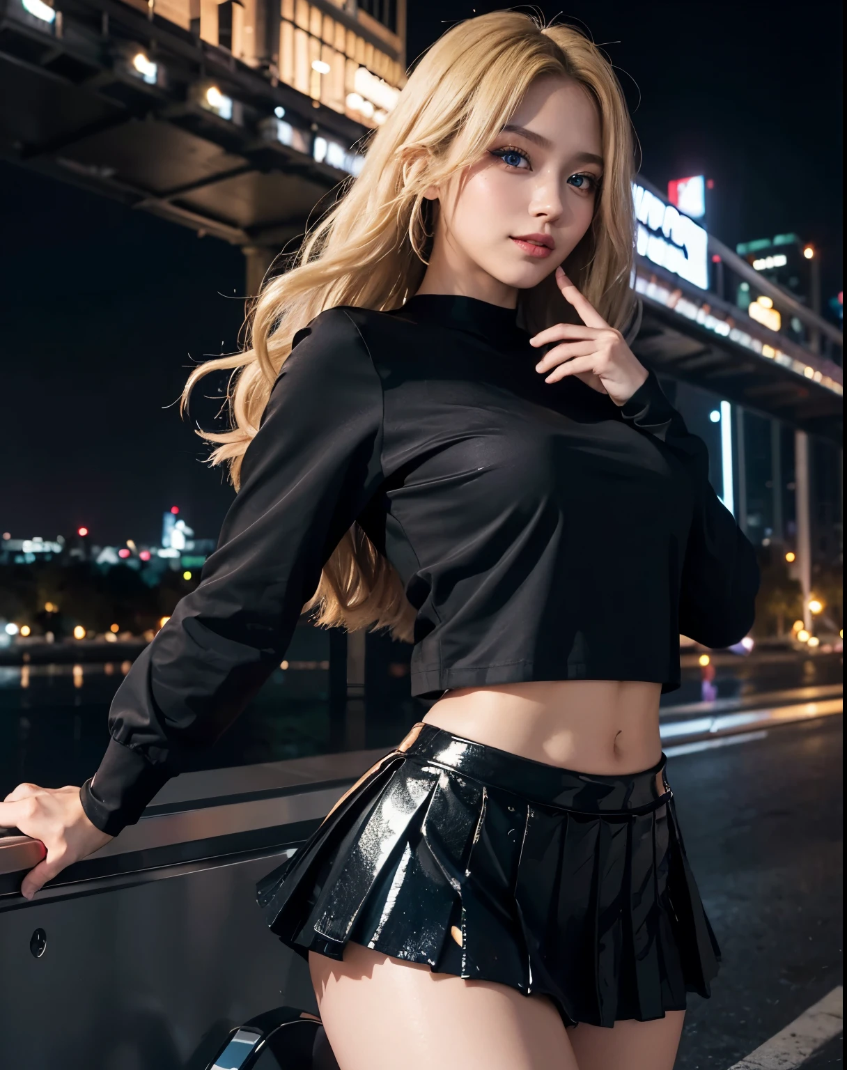 1girl, (Blue Eyes), (smiling), (beautiful black makeup :1.2), wide hips, big tits, big ass, (Best Quality, 8k, Masterpiece: 1.3), Clear Focus: 1.2, Perfect Body Beauty: 1.4, strong abs, Highly detailed face and skin texture, detailed eyes, double eyelids, (shiny skin :1.2), (blonde long hair :1.2), (red pleated mini skirt :1.3), (black long sleeve t-shirt :1.2), standing, dynamic pose, (close-up), on the freeway at night, illuminated city in the background
