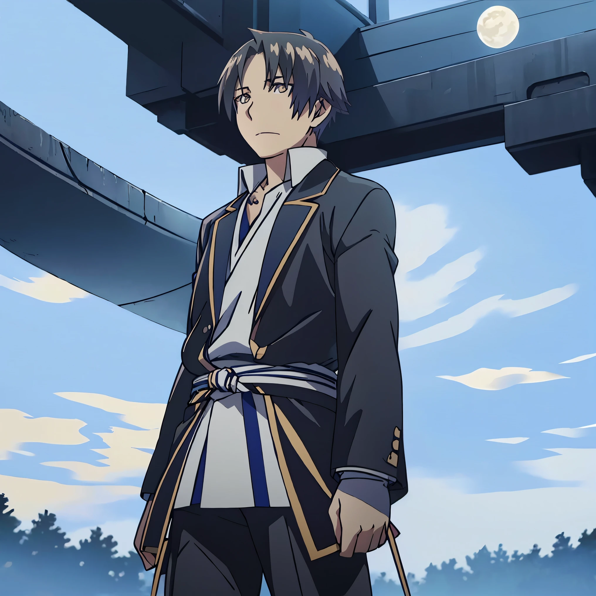 Blue eyes, black hair with blue highlights and pale skin, markings in the form of wavy stripes on his face, pointed ears and his black sclera, preserving the color of his human eyes, which now have the distinctive kanji (Athletics Strings, Jōgen Year (Crescent Sixth)) who credits it as the Upper Moon number six
Her outfit is a black Kimono. His Demon Hunter uniform also has yellowish markings on its print, with a multi-cuff buttoned shirt under his hunter uniform and various Magatama collars on his neck and wrists with a thick blue cloth tied to them. his waist; He also wore tight black tights with his Hakama pants.