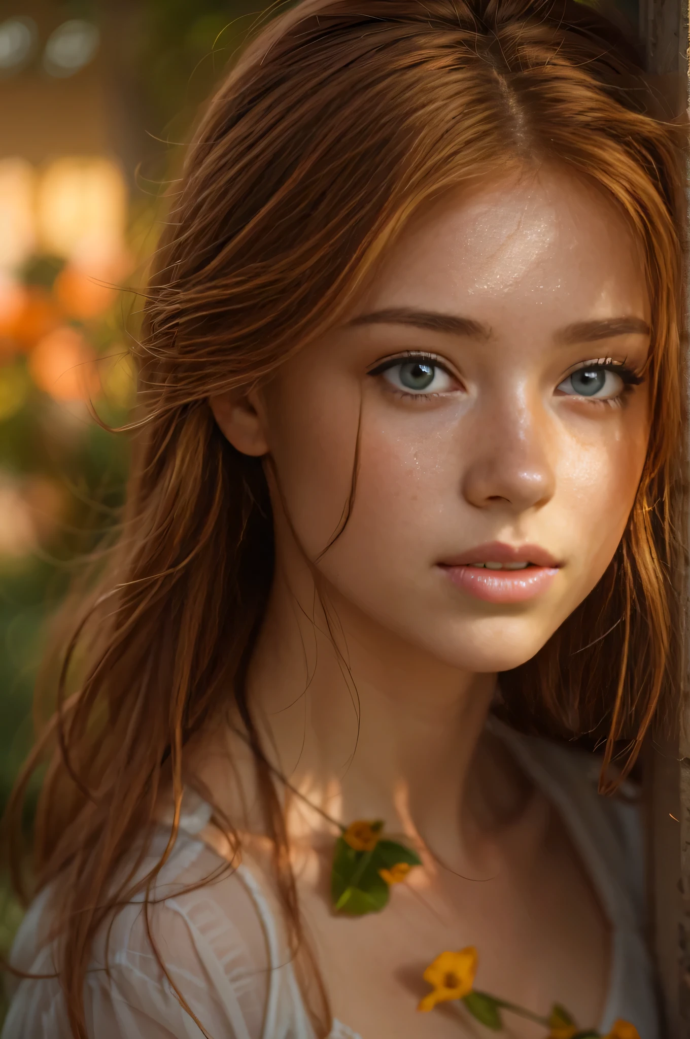 Masterpiece, a young girl, redhead, cinematic, The portrait showcases a young redhead girl with a shy and innocent demeanor, blueish eyes, sensual slim face, subtle freckles, big lips, small perky breasts, small ass, small slim body, she is wearing a tight mini low cut shorts and a mini tank top, navel, Her hair is styled sleek and straight, elegantly framing her face with adorable long hair .Her face is illuminated by gentle lighting, highlighting her delicate features. The girl's eyes sparkle with a hint of curiosity and her lips form a subtle, shy smile. The background consists of a ourtoor nature autum scenery muted and warm-toned setting, providing a calm and serene atmosphere. The composition focuses on the girl's face, capturing the intricate details of her flawless white skin, The overall image exudes a sense of tranquility and captures the innocence and gentleness of youth, glasses, cleavage,