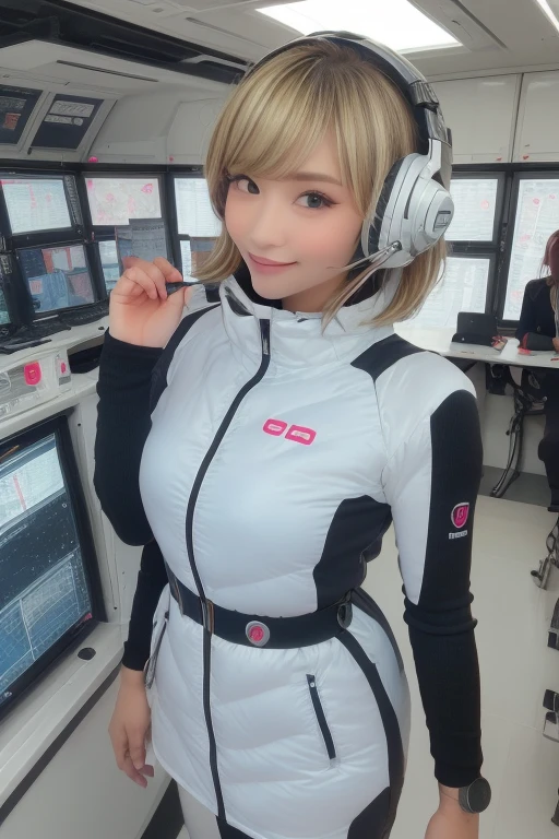 masterpiece, highest quality, Very detailed, 8K Portrait,Japanese Android Girl,plump , Control panel,Robotic arms and legs, Blunt bangs,,break (Metallic Gray, Metallic luster, Mirror finish, Astro Best):5,headphone:5,break (Black sleeves):100,Smart Watches,Futuristic space station,Control Room,break headphone,blue eyes,(Black Hair):2,(Long Hair):1.3,Displaying the viewer,(respirator),break blush:3,Hidden Hand,smile,masterpiece:1.4,(Two Girls):20,(Two Girls):10,(friend):2 (Two Girls):2break ,Seniors and Juniors,break (Two Girls):20,(One Girl,Blonde short hair,A stable person),break (One Girl, Black Hair,short hair,blush,Embarrassing,) break((20-year-old, Wears a tight futuristic latex silver and black and white bodysuit。, length boots, White skin、Huge breasts, (Space Helmet):5,Blonde Hair, length, Perfect model body shape, blue eyes:1.4, Please wear headphones, make out, Happy, Looking out the window of the futuristic sci-fi space station、While looking at the beautiful milky way:1.2, SFSF control room on night background:1.1, Neon and energetic atmosphere:1.2)) ((milky way)), ((alone:1.6)),break nose nlush,blush,Ahegao,Open your mouth
