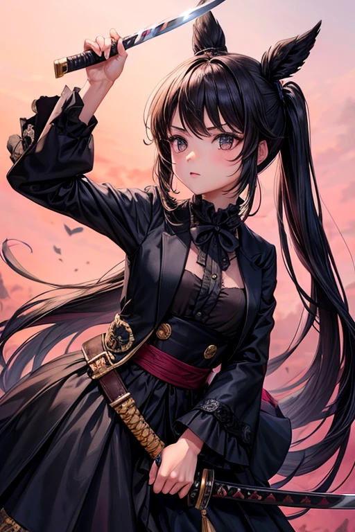 Haz a una chica con un traje negro con una katana en su mano derecha