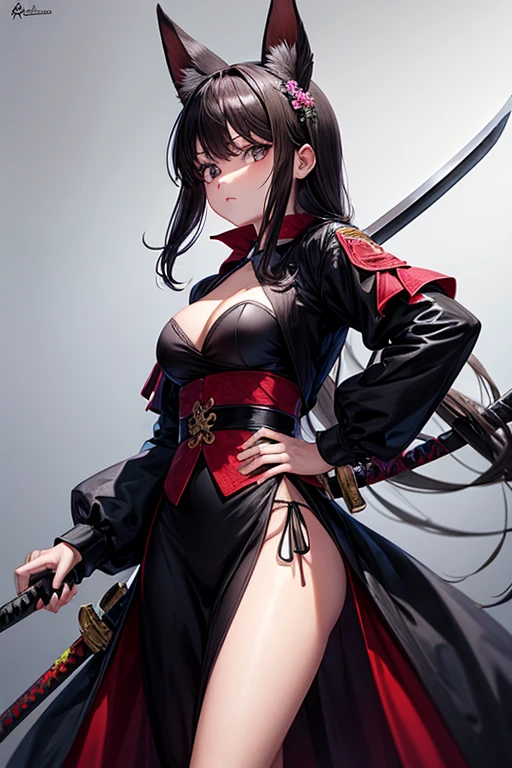 Haz a una chica con un traje negro con una katana en su mano derecha