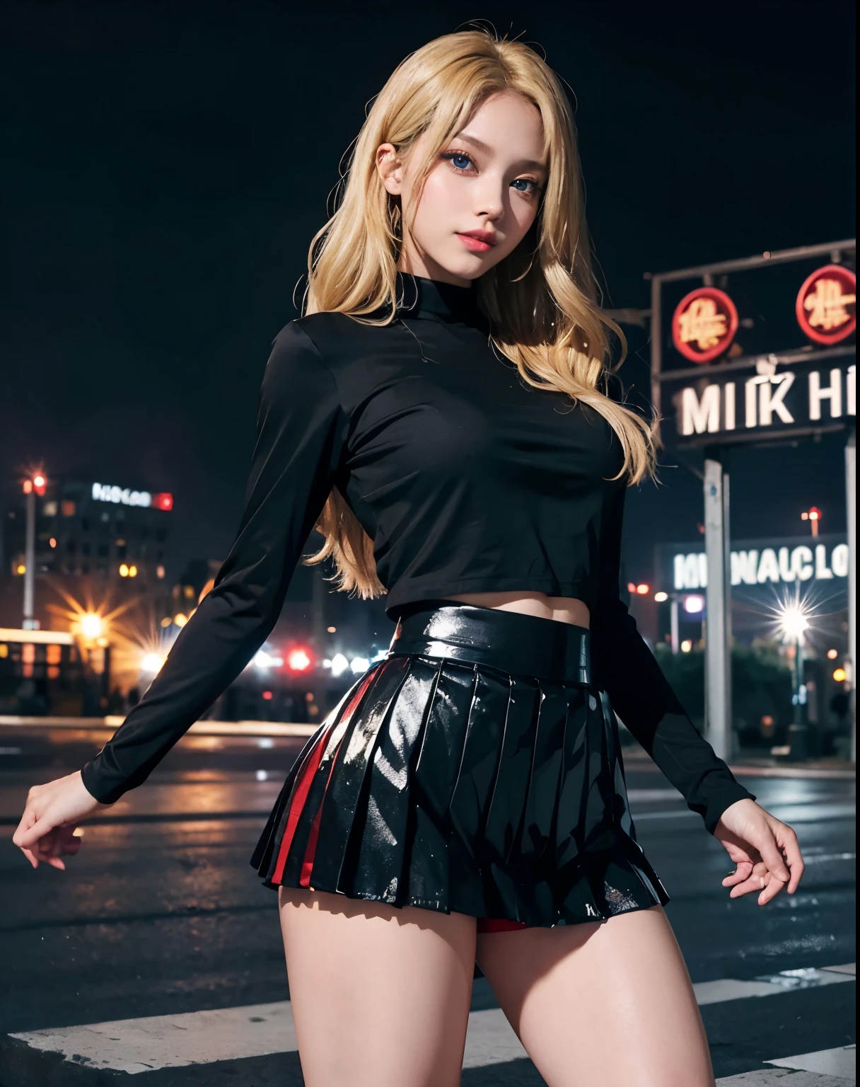 1girl, (Blue Eyes), (smiling), (beautiful black makeup :1.2), wide hips, big tits, big ass, (Best Quality, 8k, Masterpiece: 1.3), Clear Focus: 1.2, Perfect Body Beauty: 1.4, strong abs, Highly detailed face and skin texture, detailed eyes, double eyelids, (shiny skin :1.2), (blonde long hair :1.2), (red pleated mini skirt :1.3), (black long sleeve t-shirt :1.2), standing, dynamic pose, (close-up), on the freeway at night, illuminated city in the background