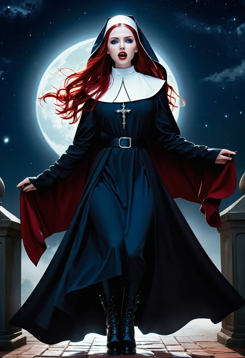 a picture of an exquisite beautiful female (nun: 1.3) vampire standing under the starry night sky on the porch of her monastary, action shot, dynamic angle (ultra detailed, Masterpiece, best quality), ultra detailed face (ultra detailed, Masterpiece, best quality), ultra feminine, (pale skin: 1.3), red hair, wavy hair, dynamic eyes color, cold eyes, glowing eyes, intense eyes, dark red lips, ((fangs: 1.1)), wearing white nun habit (ultra detailed, Masterpiece, best quality), wearing (blue cloak: 1.3) (ultra detailed, Masterpiece, best quality), long cloak, flowing cloak (ultra detailed, Masterpiece, best quality), wearing (high heeled boots: 1.3), sky full of stars background, moon, bats flying about, action shot, high details, best quality, 16k, [ultra detailed], masterpiece, best quality, (ultra detailed), full body, ultra wide shot, photorealism, dark fantasy art, dark fantasy art, gothic art, many stars, dark fantasy art, gothic art, sense of dread,  GlowingRunesAI_red, Cinematic Hollywood Film style