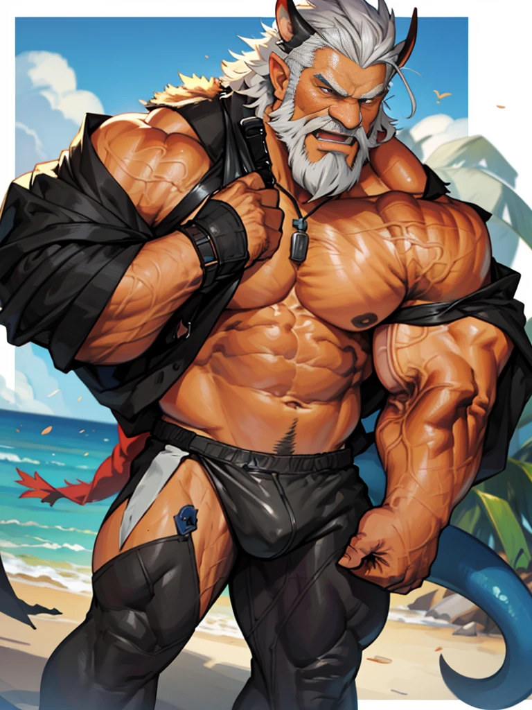 A burly, virile, and hairy dragon, exuding the irresistible charm of a himbo muscle daddy. His middle-aged features, adorned by a long, bushy beard and a thick mustache, reveal a life of experience and adventure. His body, sculpted into a warrior's build and a bodybuilder's physique, is a testament to his unyielding dedication to physical fitness. The hair on his chest and belly forms a carpet of thick fur, while his hairy arms and legs are adorned with a natural, untamed layer of hirsute. Every muscle on his overmuscular and musclebound frame is defined and bulging, veins pulsing beneath the surface, hinting at his incredible strength. Despite his advanced age, his grey hair only adds to his handsome and dreamy appearance.