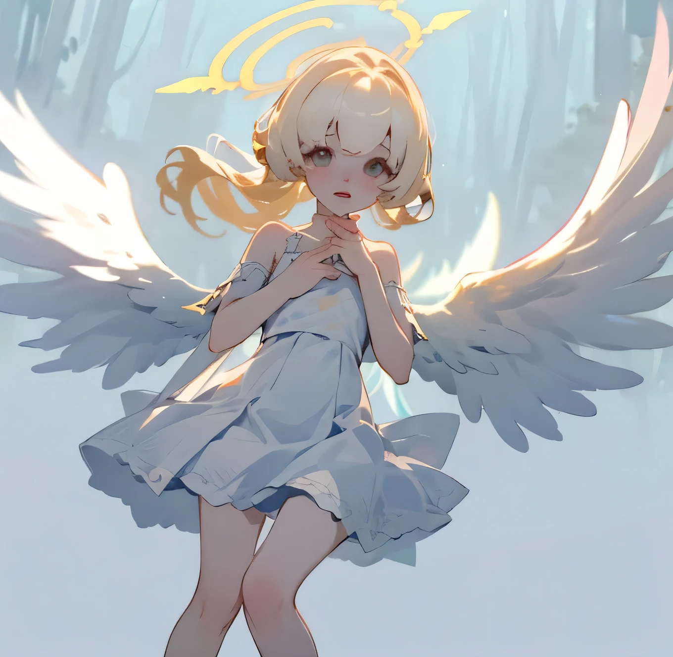 (high quality) (best quality) (a woman) (correct physiognomy) (5 fingers on each hand) (two arms) (two eyes) Woman, white hair with bangs over her forehead, four small angel wings coming out of her head , two on the left side and two on the right side, two angel wings coming out of her back, a golden halo behind her head, golden eyes, tender lips, middle age, white dress with straps over the shoulders, diagonal skirt cut leaving one leg exposed, location of the photo the woman must be in the middle of the forest, lighting of the photo sunlight, full body proportion, showing the body from head to torso in the photo