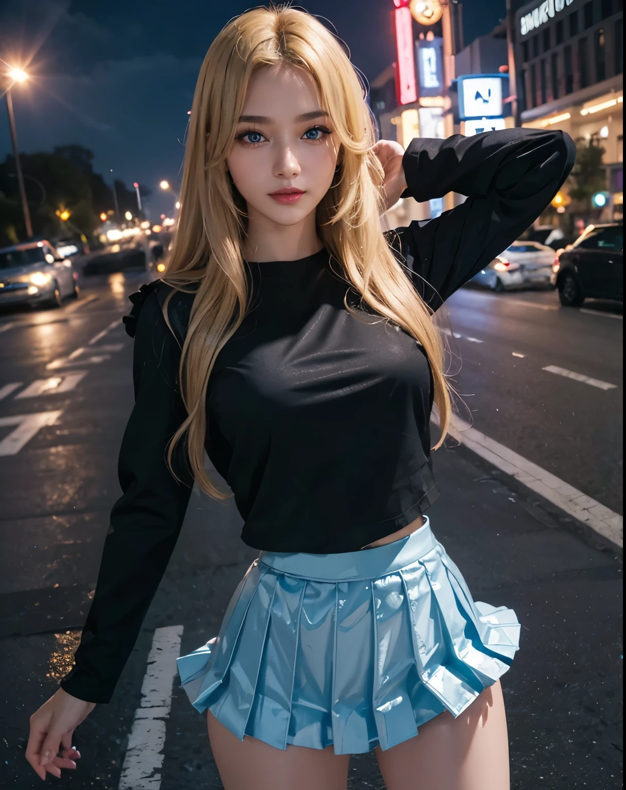 1girl, (Blue Eyes), (smiling), (beautiful black makeup :1.2), wide hips, big tits, big ass, (Best Quality, 8k, Masterpiece: 1.3), Clear Focus: 1.2, Perfect Body Beauty: 1.4, strong abs, Highly detailed face and skin texture, detailed eyes, double eyelids, (shiny skin :1.2), (blonde long hair :1.2), (red pleated mini skirt :1.3), (black long sleeve t-shirt :1.2), standing, dynamic pose, (close-up), on the freeway at night, illuminated city in the background