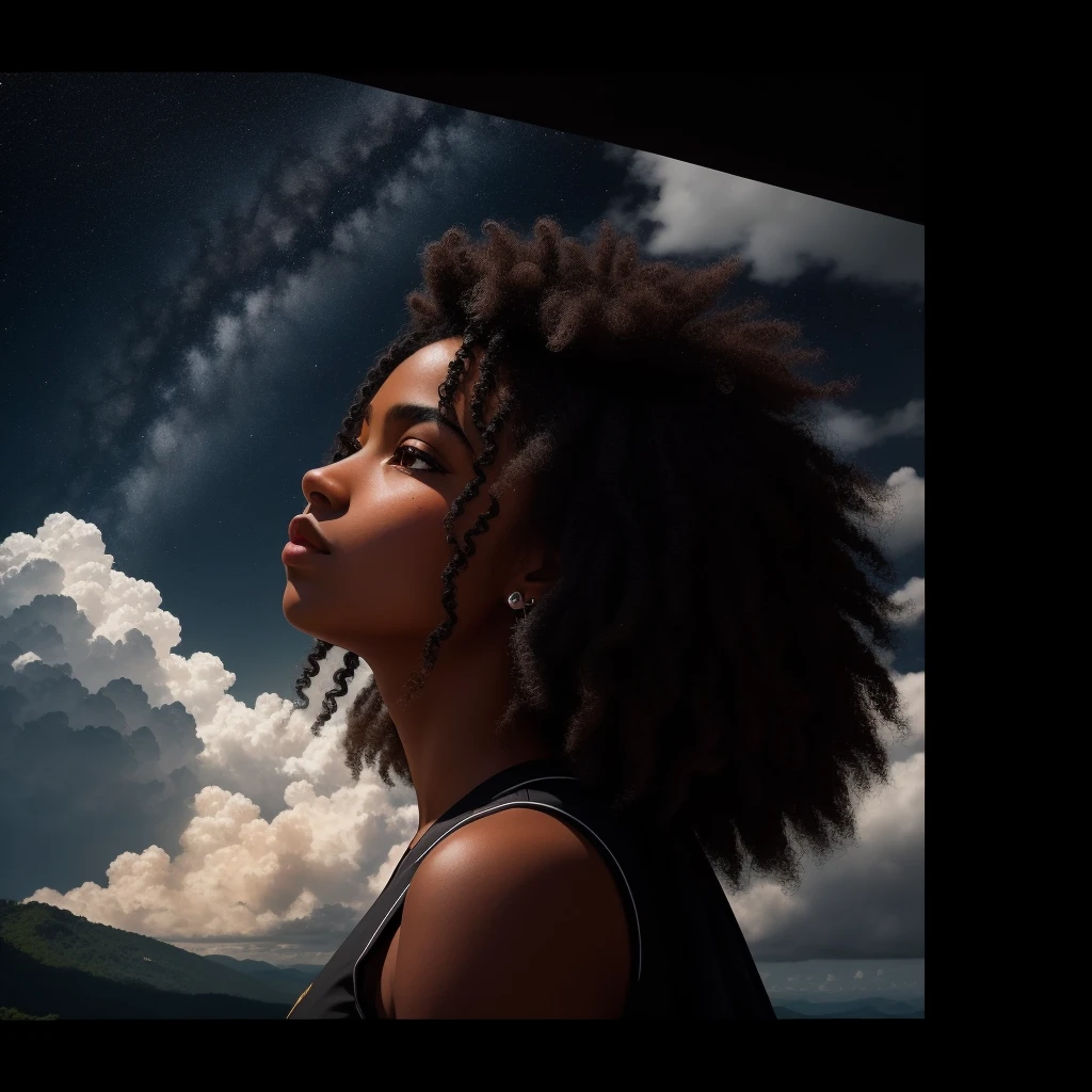 A book cover with a woman with black skin and wavy hair in a black power style contemplating while observing imaginary drawings in the clouds of a dark and sporadic sky, deitada nas fileiras verdes de grama em um paisagismo de montanha. The photographic composition is ultra-detailed, hyperrealistic with bright lights, and presented in high definition (4K), offering an image of unparalleled quality, mais uma verdadeira obra-prima. A