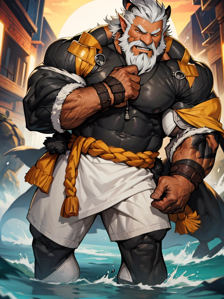 A burly, virile, and hairy werewolf, exuding the irresistible charm of a himbo muscle daddy. His middle-aged features, adorned by a long, bushy beard and a thick mustache, reveal a life of experience and adventure. His body, sculpted into a warrior's build and a bodybuilder's physique, is a testament to his unyielding dedication to physical fitness. The hair on his chest and belly forms a carpet of thick fur, while his hairy arms and legs are adorned with a natural, untamed layer of hirsute. Every muscle on his overmuscular and musclebound frame is defined and bulging, veins pulsing beneath the surface, hinting at his incredible strength. Despite his advanced age, his grey hair only adds to his handsome and dreamy appearance.