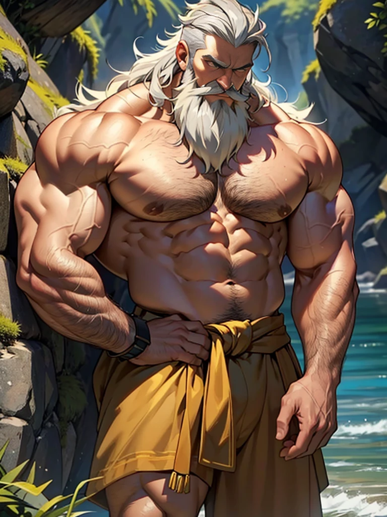 A burly, virile, and hairy dragon, exuding the irresistible charm of a himbo muscle daddy. His middle-aged features, adorned by a long, bushy beard and a thick mustache, reveal a life of experience and adventure. His body, sculpted into a warrior's build and a bodybuilder's physique, is a testament to his unyielding dedication to physical fitness. The hair on his chest and belly forms a carpet of thick fur, while his hairy arms and legs are adorned with a natural, untamed layer of hirsute. Every muscle on his overmuscular and musclebound frame is defined and bulging, veins pulsing beneath the surface, hinting at his incredible strength. Despite his advanced age, his grey hair only adds to his handsome and dreamy appearance.