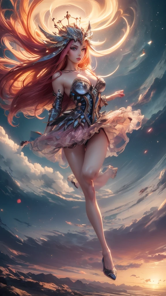 (highres:1.2),Armored Alien Princess,pink hair,wind-based powers,strong winds,hovering above the ground,flowing skirt,blowing in the wind,regal aura,ethereal beauty,sparkling eyes,long eyelashes,floating gracefully,alien technology,intricate armor,detailed helmet,golden accents,sci-fi style,glowing energy,commanding presence,celestial glow,vivid colors,royal insignia,captivating gaze,crown on head,wind manipulation,flight,graceful movements,majestic landscape,floating islands,clouds in vibrant hues,gentle breeze,air currents,sparkling particles in the wind,light rays illuminating the princess,ethereal lighting,cosmic background,otherworldly atmosphere