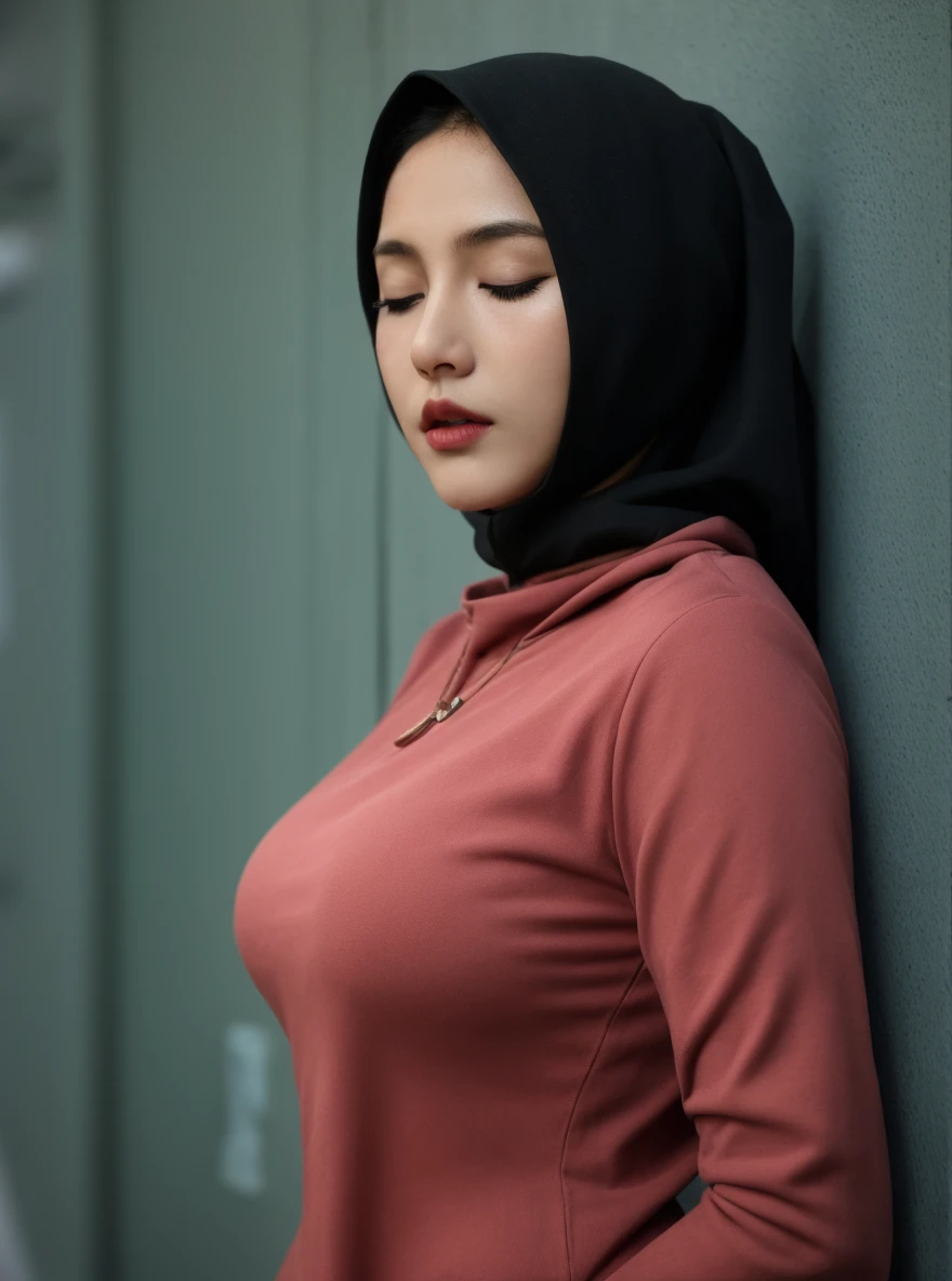 ((hijab)), (an asian woman posing for a nude photo shoot, long tongue, asian female, huge breasts, female body, asian nymph bald goddess, beautiful feminine body, beautiful oriental woman, pale-skinned persian girl, asian decent, asian girl, ?????, asian, asian women, model, asian woman, arabian, malaysian, ((office background)) , cowboy_shot, (belly tatto)), red lips, expression in anger face, detail face, ((curvy body)), full body of tattoo