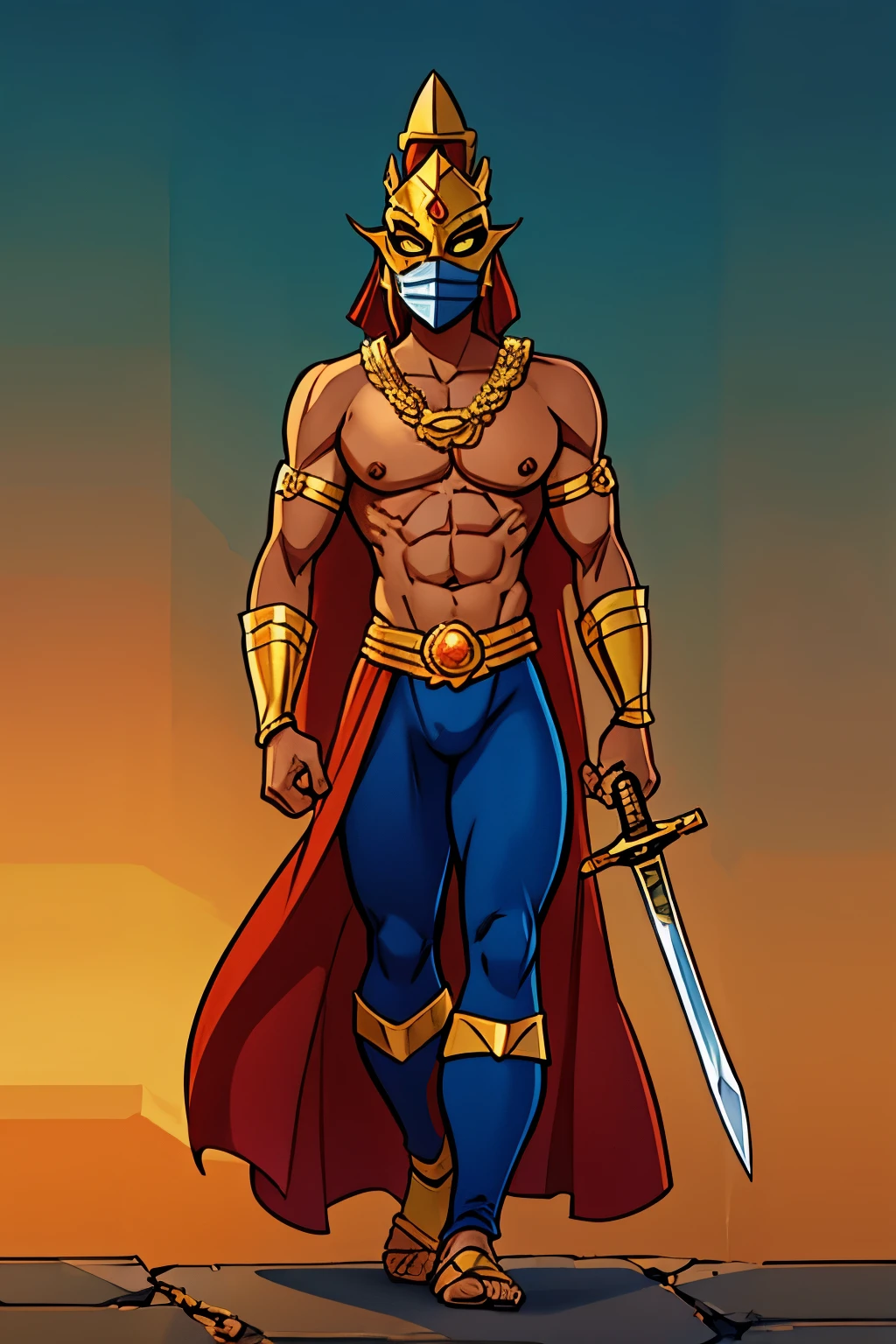generate a character with a old sri lankan mask holding a hand and holding a sword like a king with a super powers