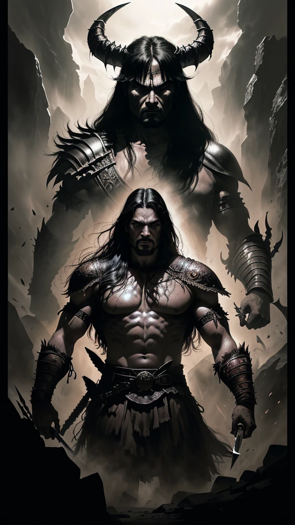 illustration of a man holding a knife in front of a demon, the final battle in hell, conan the barbarian illustration, an ominous fantasy illustration, by Zoran Mušič, in style of dark fantasy art, dark fantasy illustration, dark fantasy artwork, dramatic illustration, by Hristofor Žefarović, by Ivan Meštrović