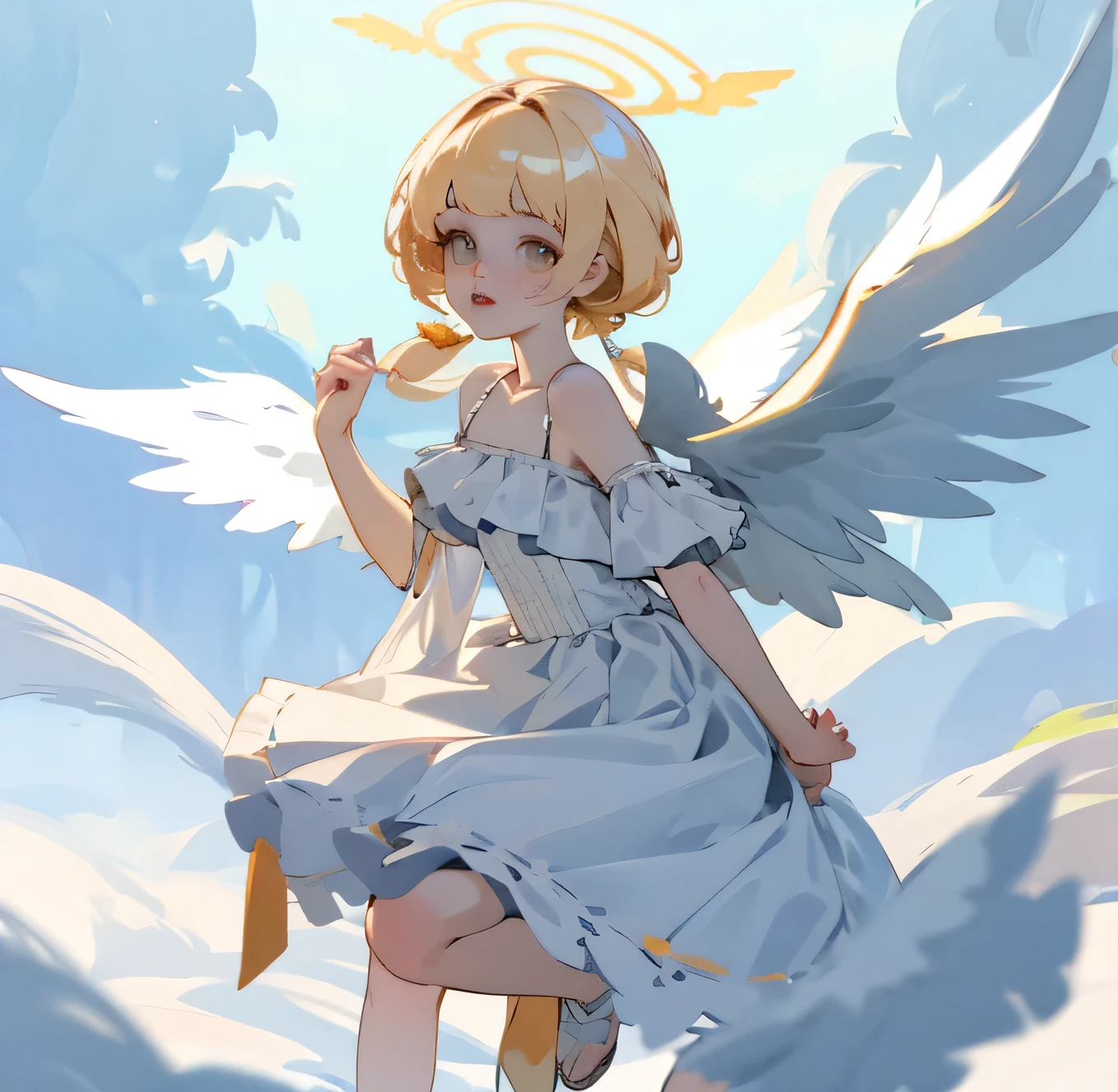 (high quality) (best quality) (a woman) (correct physiognomy) Woman, white hair with bangs on her forehead, four small angel wings coming out of her head, two on the left side and two on the right side, two angel wings coming out of her back, a golden halo behind her head, golden eyes, tender lips, middle age, white dress with straps on the shoulders, skirt cut diagonally leaving one leg exposed, location of the photo the woman must be in middle of the forest, photo lighting sunlight, full body proportion, showing in the photo the body from head to torso