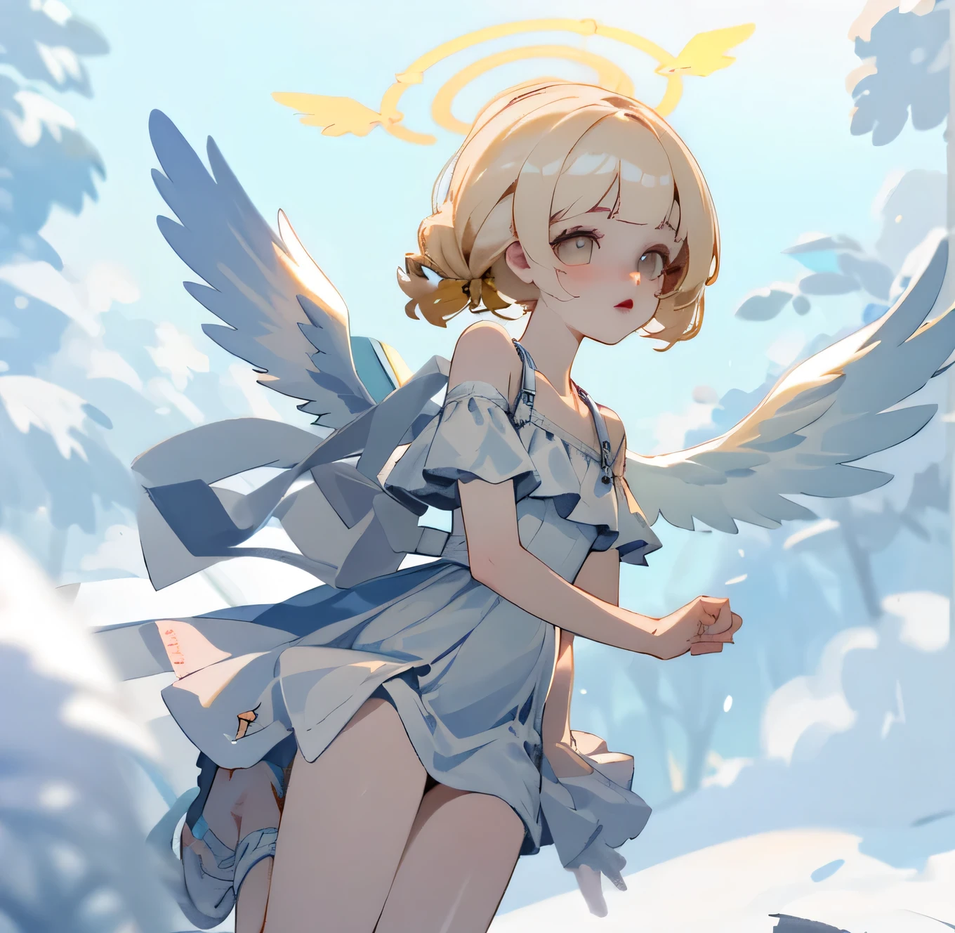 (high quality) (best quality) (a woman) (correct physiognomy) Woman, white hair with bangs on her forehead, four small angel wings coming out of her head, two on the left side and two on the right side, two angel wings coming out of her back, a golden halo behind her head, golden eyes, tender lips, middle age, white dress with straps on the shoulders, skirt cut diagonally leaving one leg exposed, location of the photo the woman must be in middle of the forest, photo lighting sunlight, full body proportion, showing in the photo the body from head to torso