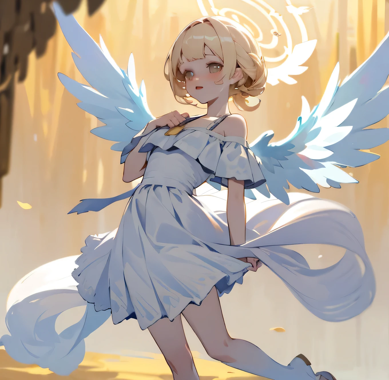 (high quality) (best quality) (a woman) (correct physiognomy) Woman, white hair with bangs on her forehead, four small angel wings coming out of her head, two on the left side and two on the right side, two angel wings coming out of her back, a golden halo behind her head, golden eyes, tender lips, middle age, white dress with straps on the shoulders, skirt cut diagonally leaving one leg exposed, location of the photo the woman must be in middle of the forest, photo lighting sunlight, full body proportion, showing in the photo the body from head to torso